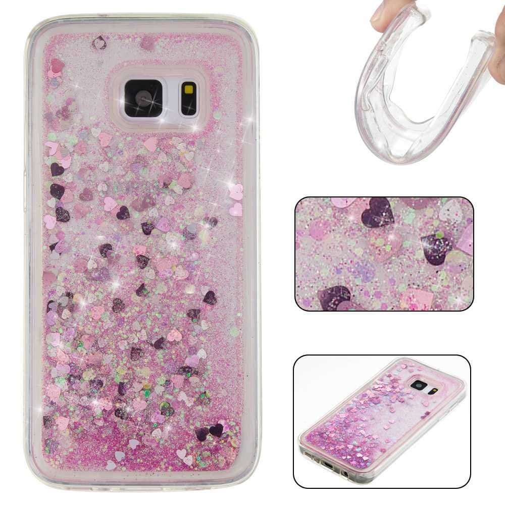 iGrelem Galaxy S7 Case [ with Free Tempered Glass Screen Protector], Galaxy S7 Glitter Bling Flexible TPU Soft Case, Butterfly, Leaves, Feather, Love Heart Christmas Gift Clear (Pink)