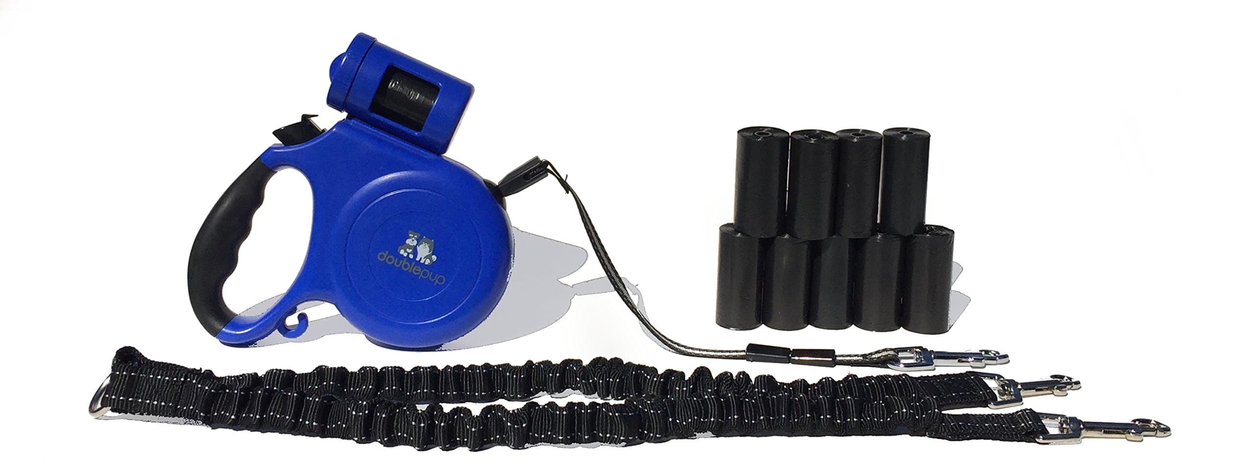 Doublepup Two Dog Retractable Leash with Built-in Waste Bag Dispenser Plus 10 Waste Bag Rolls