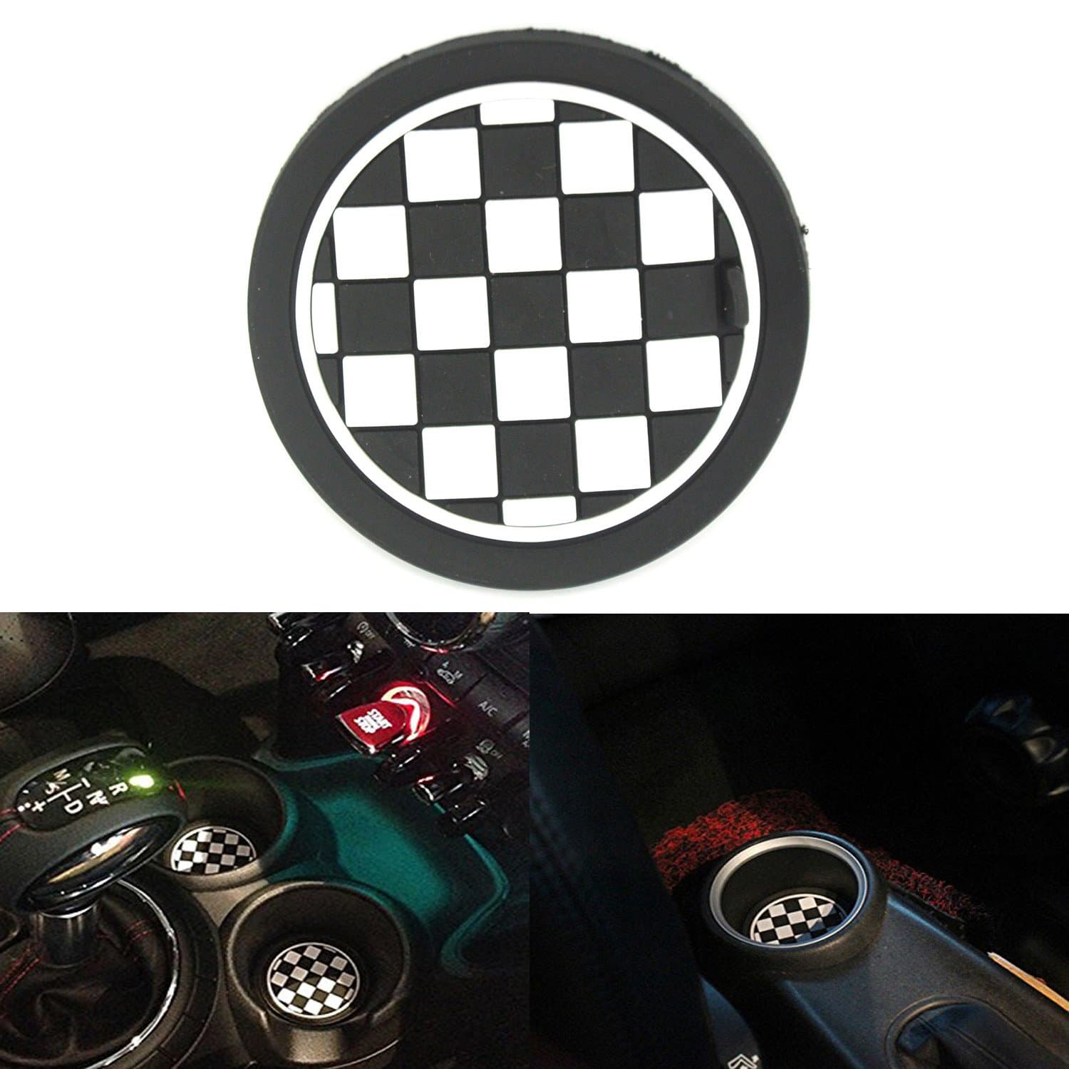 ASUMAN 2PCS 73mm Black/White Checkered Checkerboard Pattern Anti Slip Soft Silicone Cup Holder Car Coasters Cup Mat For MINI Cooper R55 R56 R57 R58 R59 Front Cup Holders