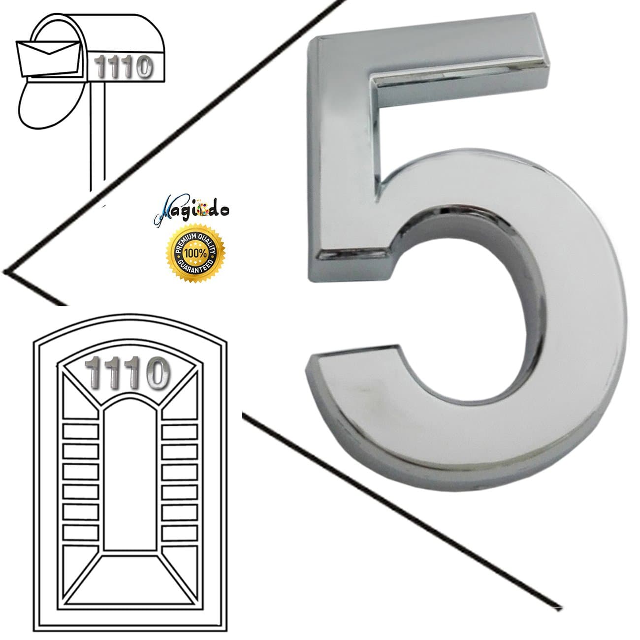Magicdo® 3/pack 2-3/4’’ Silver Modern House Numbers, Modern Mailbox Number Sticker, 3D Shining Reflective Number, Self-Stick Number, Floating Appearance Number, Silver House Number Signs(5)