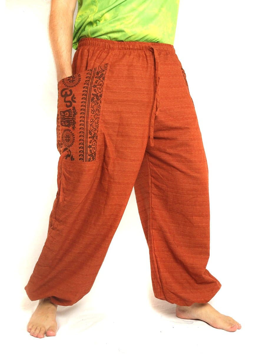 jing shop Harem Pants High Cut Boho Hippie Cultural Pattern Print Cotton (Orange)
