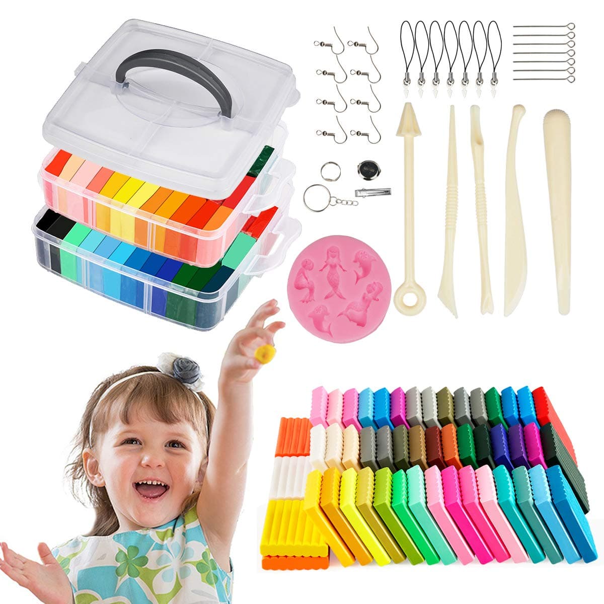 Polymer Clay - Oven Bake Clay 50 Colors with 5 Modeling Tools and 40 Jewelry Accessories, Mermaid Tail Mold,Safe and Nontoxic Molding Clay, Best Gift for Kids
