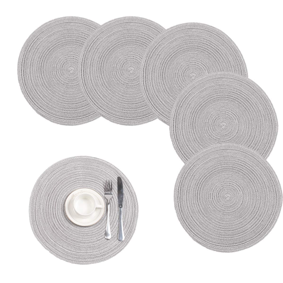 Pauwer Large Cotton Braided Round Placemats for Kitchen Dining Table Woven Round Table Place mats Washable,Set of 6