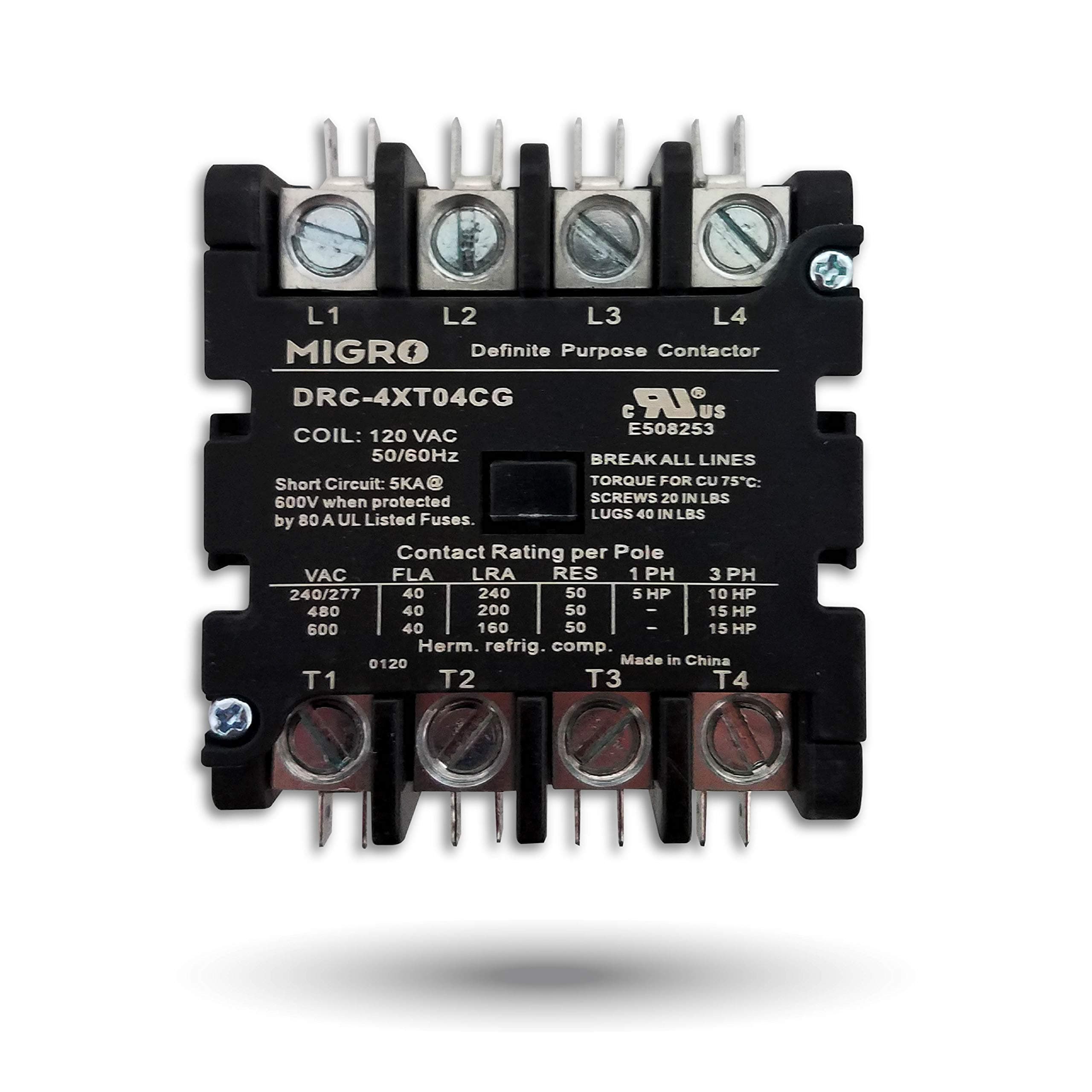 Migro 40 AMP Definite Purpose CONTACTOR 4 Pole 120V Lighting Heating Refrigeration 30A UL