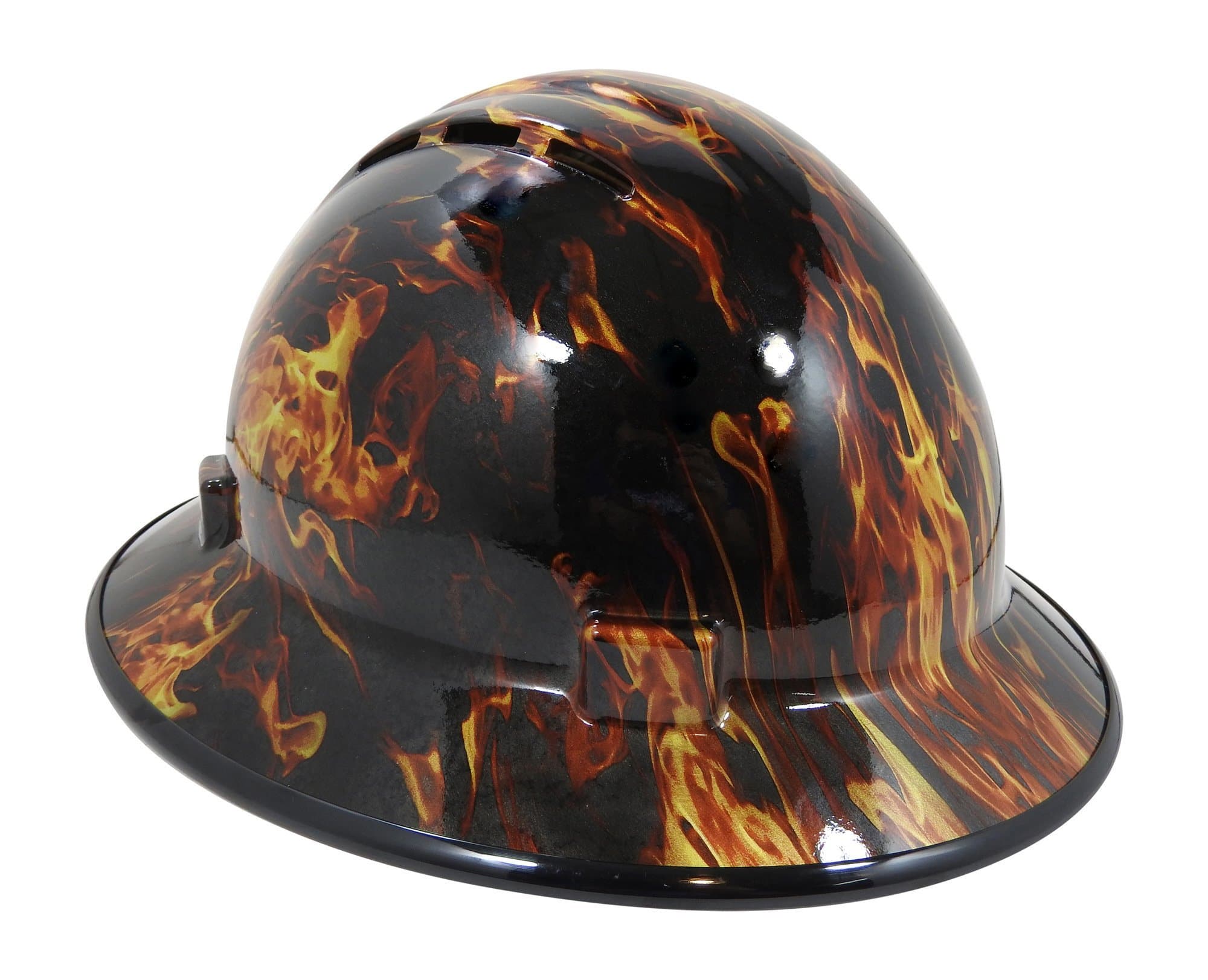 HardHatGear Custom Hydro Dipped VENTED Full Brim Hard Hat in Traditional Flames- Made in USA