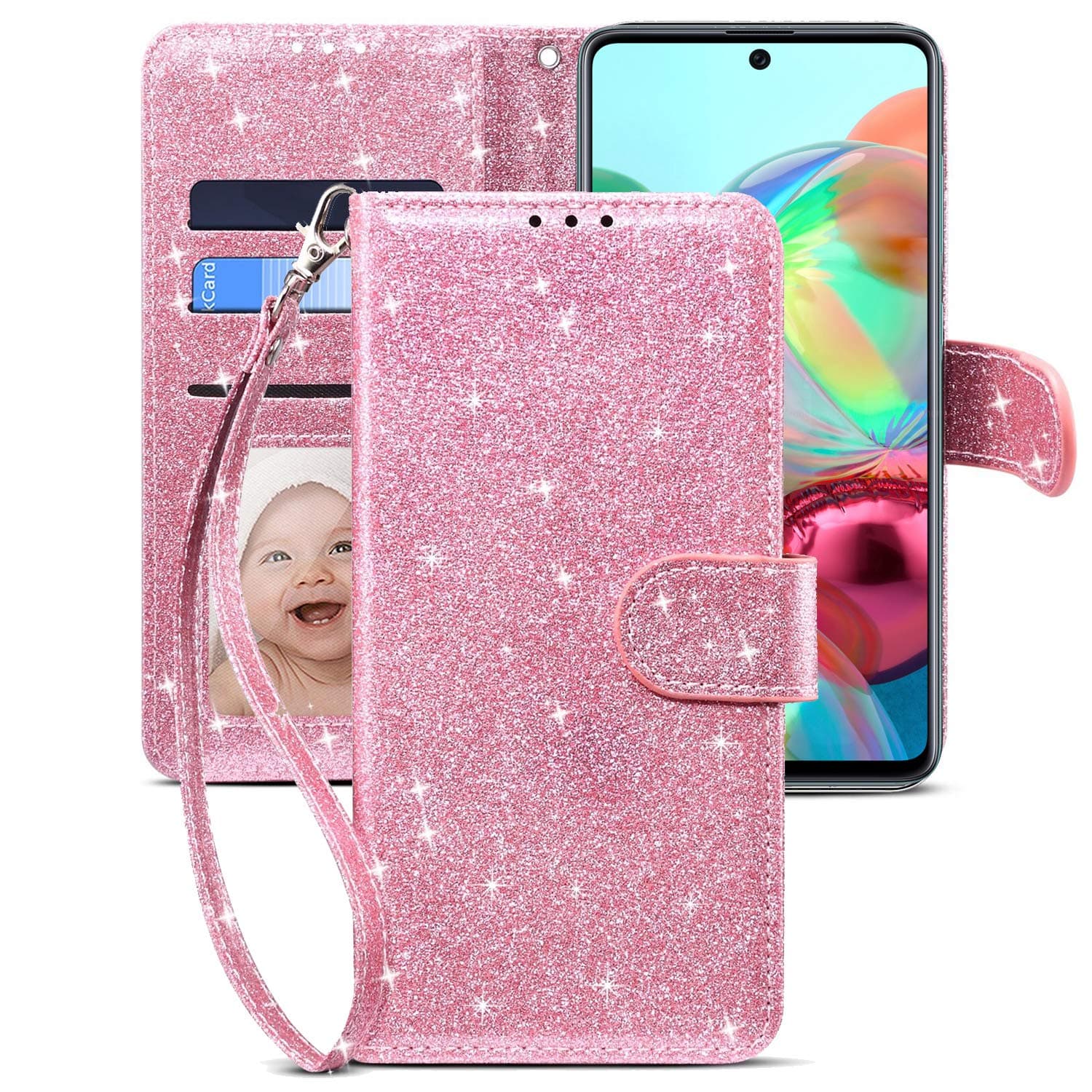 CHICASE Case for Galaxy A71 4G[Not for A71 5G Version],Folding Flip Glitter Bling Cute Leather Wallet Shockproof Protective Case with Kickstand Card Slots Wrist Strap for Samsung Galaxy A71 4G (Pink)