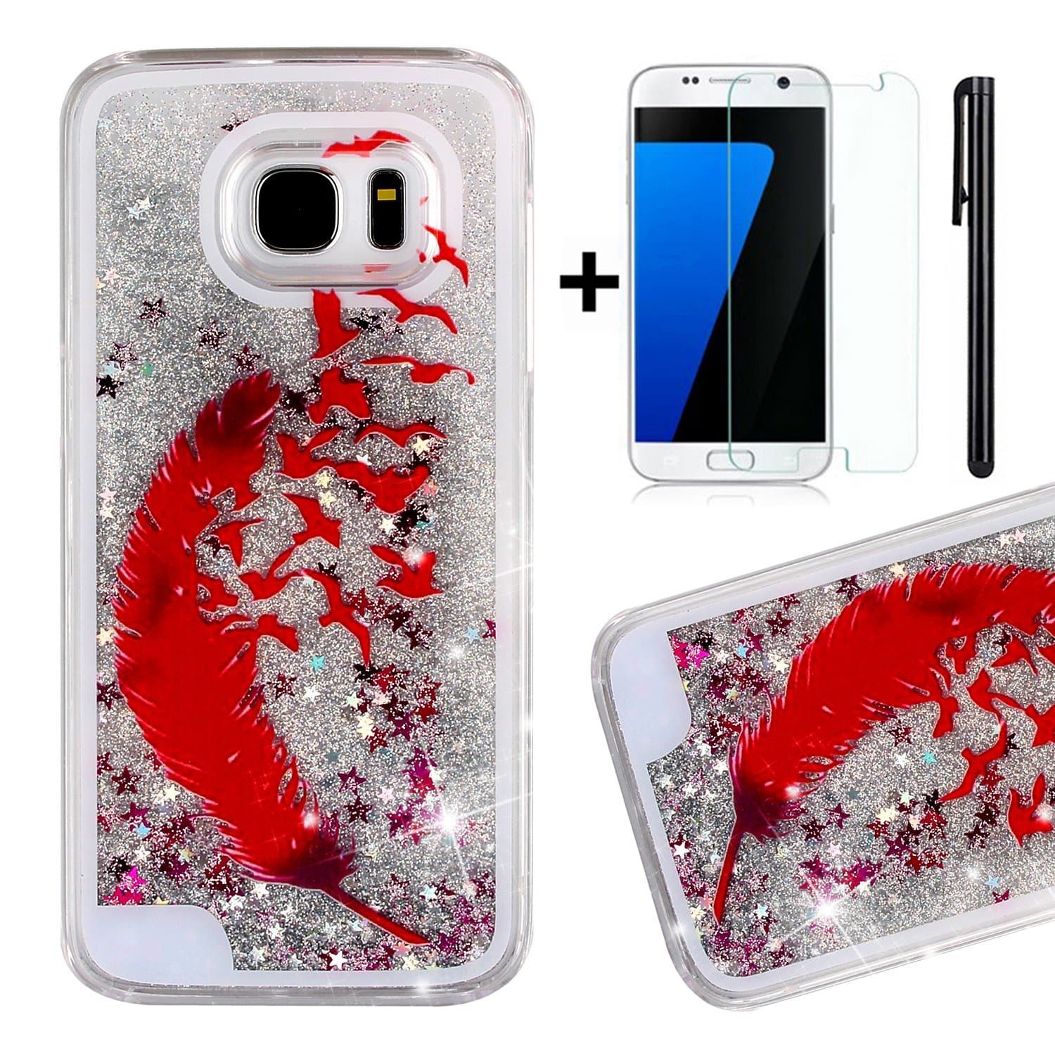 Galaxy S7 Case,Tebey [Liquid Flowing] Ultra Thin [Glitter] Bling Back Case Cover for S7,Hard Case Protective Shell Floating Sparkle Star Quicksand Case for Samsung Galaxy S7-Red Feather