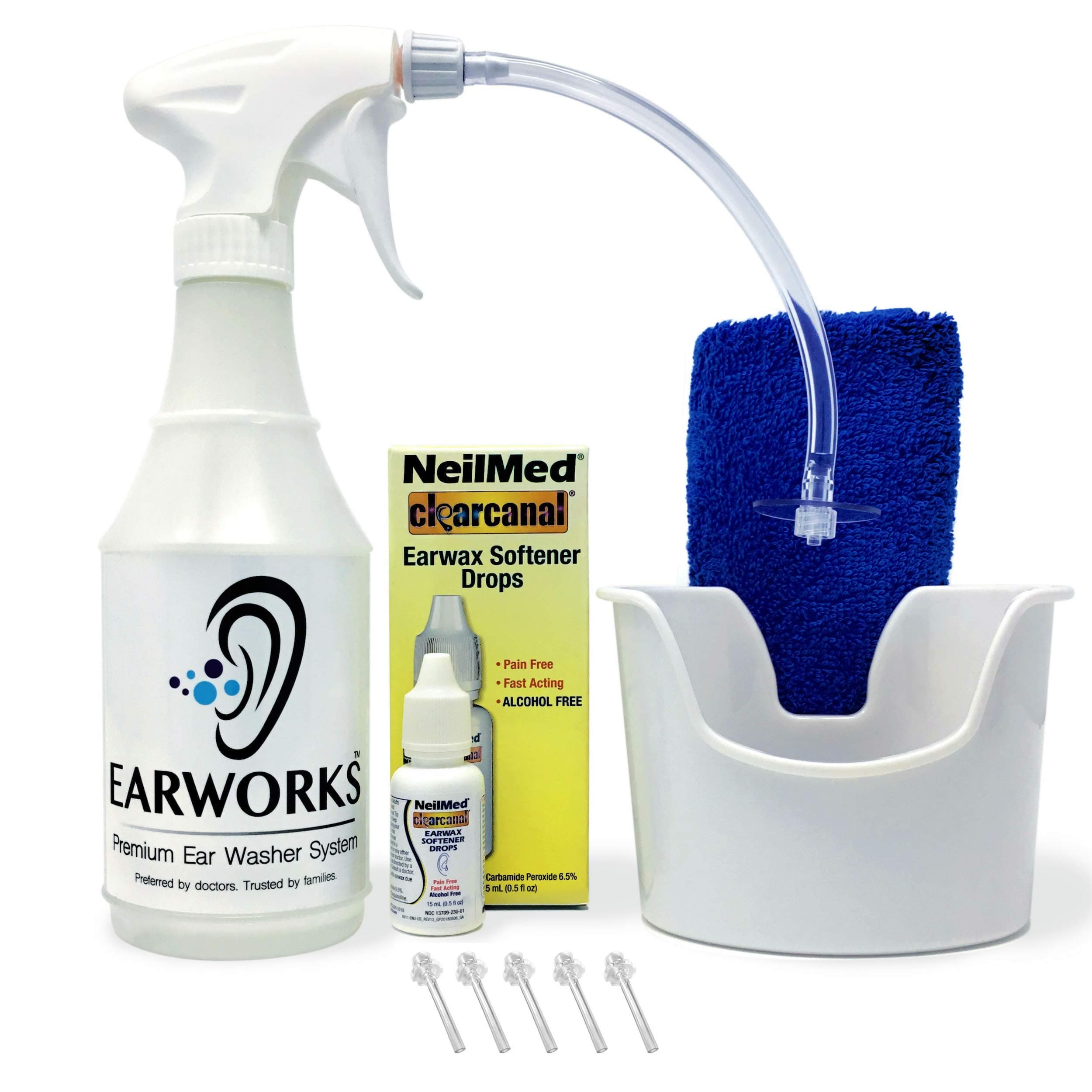 Ear Washer Bottle System, Earwax Remover, EarWorks Kit Includes: Earwax Softener Drops, Towel, Ear Basin, 5 Disposable Tips, Ear Irrigation, Earwax Removal Tool, Ear Cleaning Kit, Ear Washer Kit