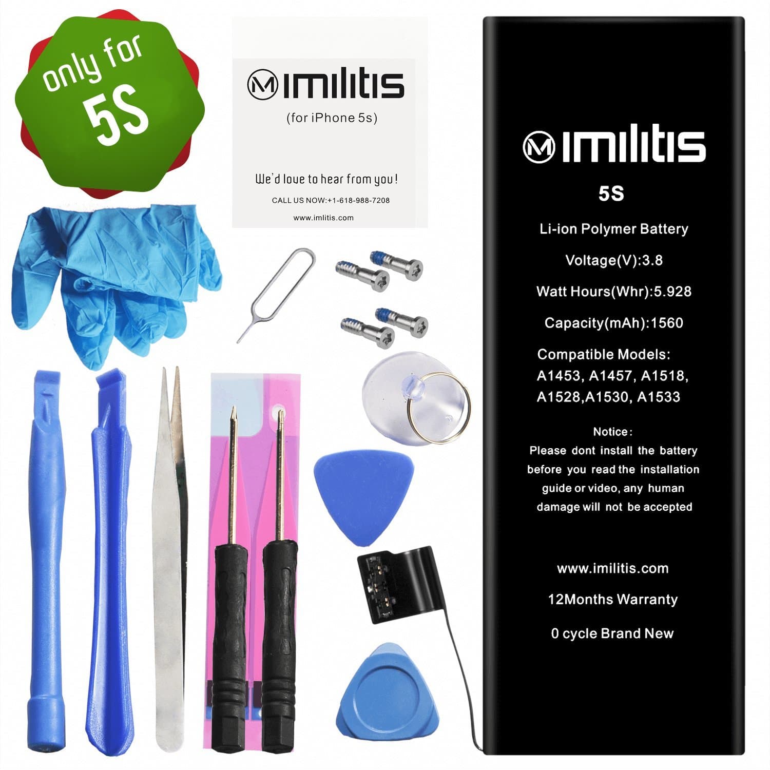 IMILITIS Replacement Battery for iPhone 5s with Free Repair Tools Kits & Instructions - Model A1453|A1457|A1518|A1528|A1530|A1533-0 Cycle USA TI Chip - 18 Months Warranty…