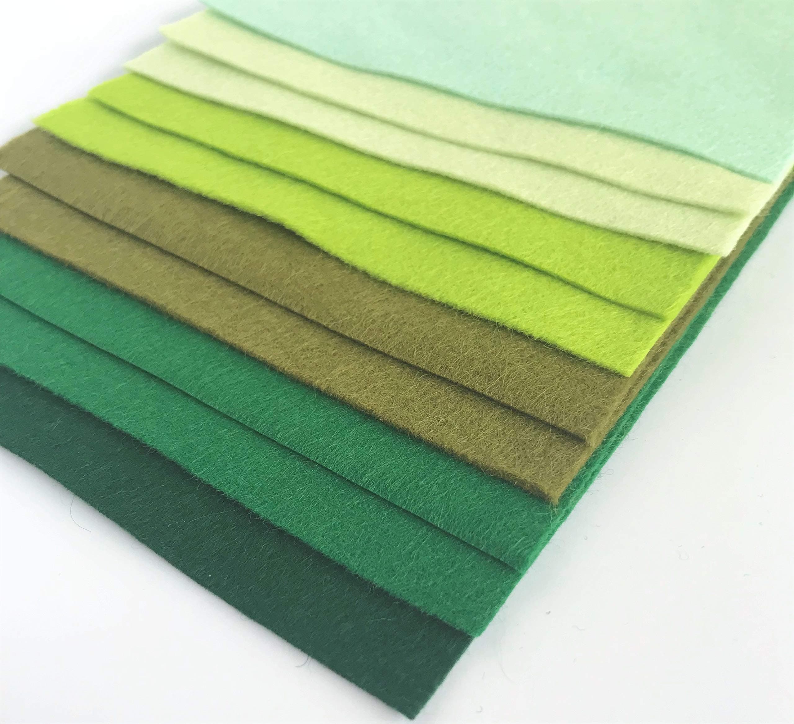 Greens - Wool Blend Felt - 10 Sheets - Assorted Green Shades - 1mm Thick - Soft Craft Felt (6 inch / 15cm Squares)