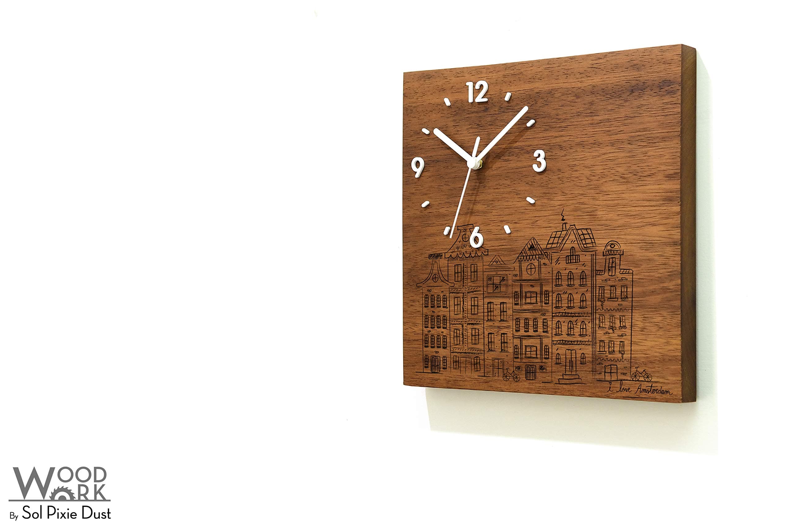 Solid Wood Wall Clock - I love Amsterdam - Wood Laser Engraved - Massive Wood Iroko - African Teak - Contemporary Wall Mounted Clock