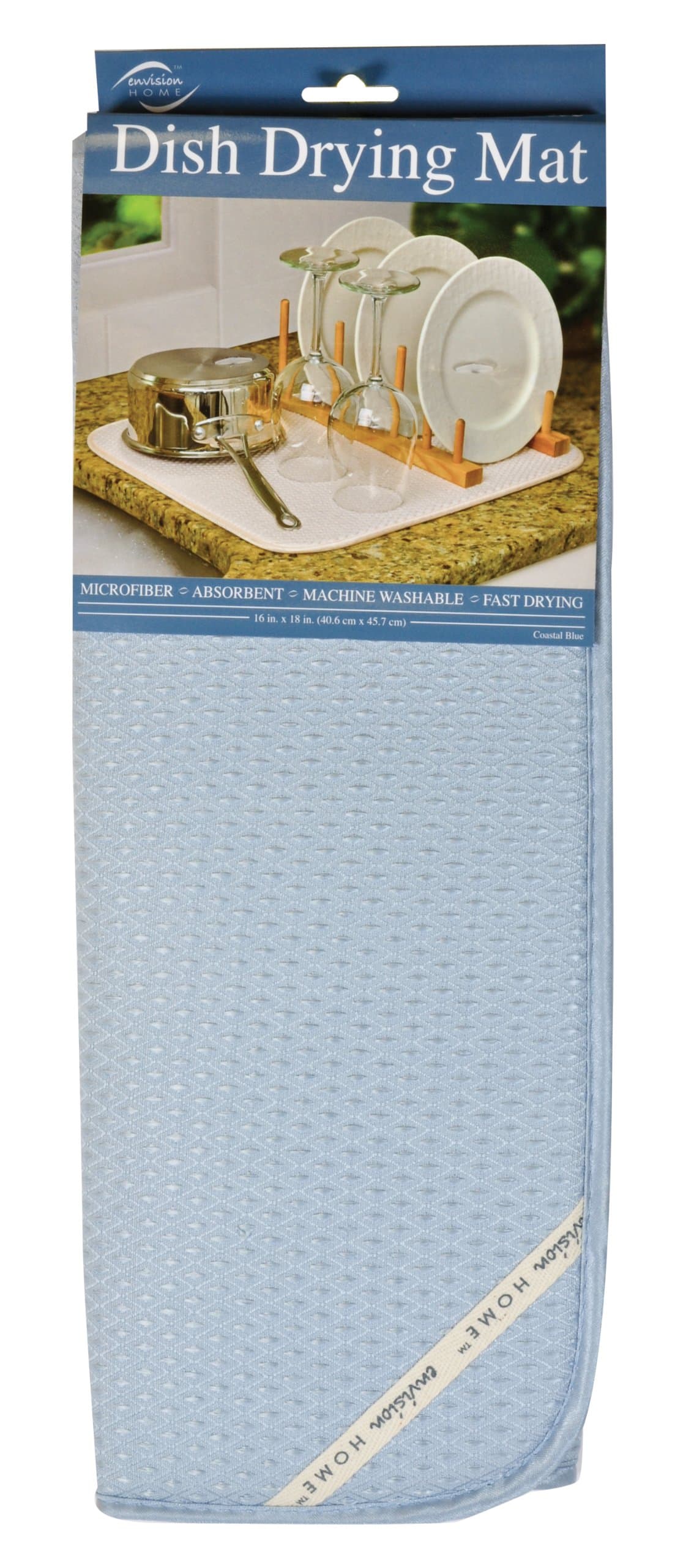 Envision Home Microfiber Dish Drying Mat, 16 by 18-Inch, Coastal Blue