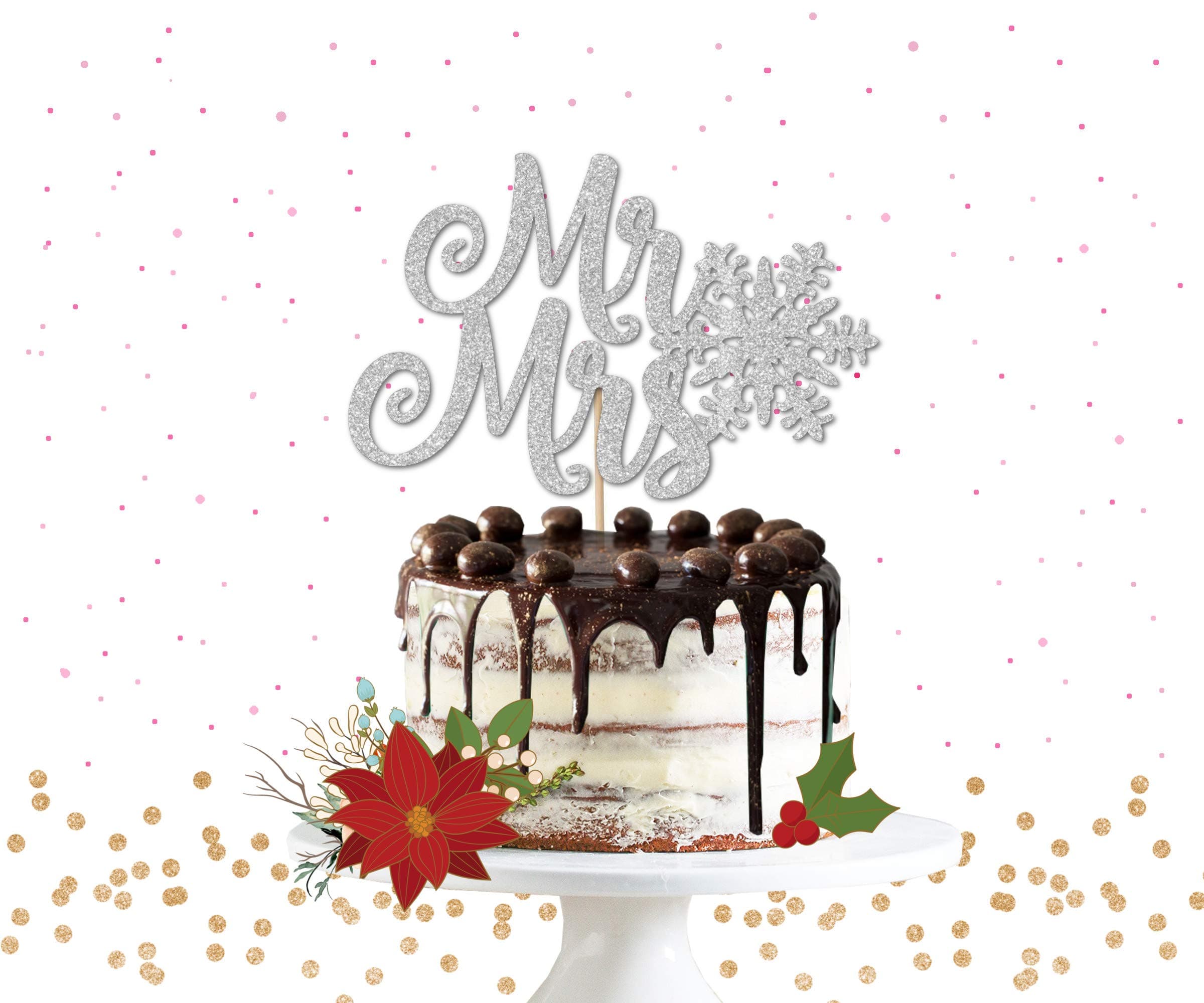 Silver Glitter Snowflake Mr & Mrs Cake Topper