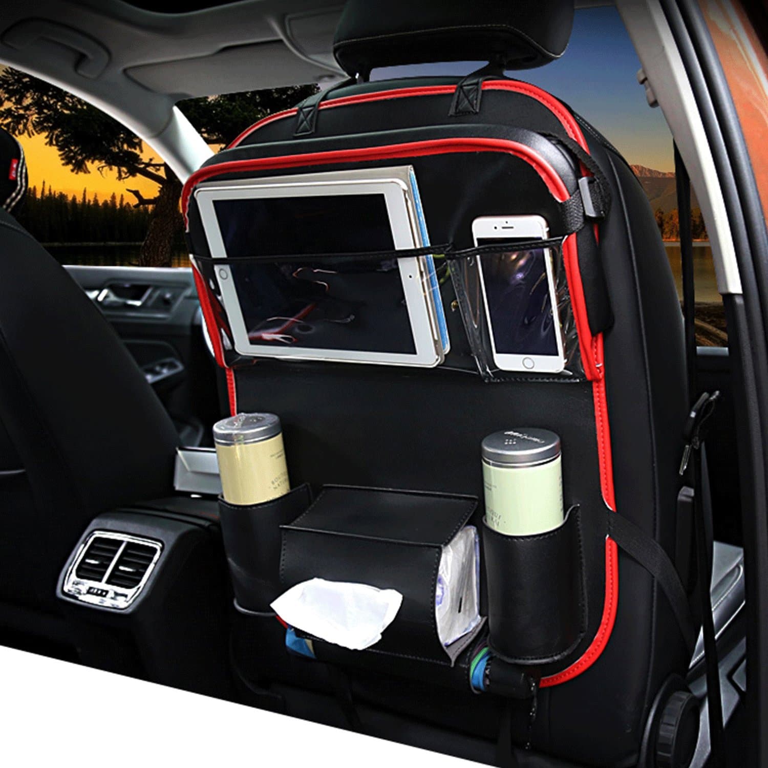 Ezeagbor Car Backseat Organizers with Tablet Holder, Foldable Car Dining Table, Multi-Pocket Travel Storage Bag for ipad, Bottle, Tissue Box, Traveling Kids Toys Storage