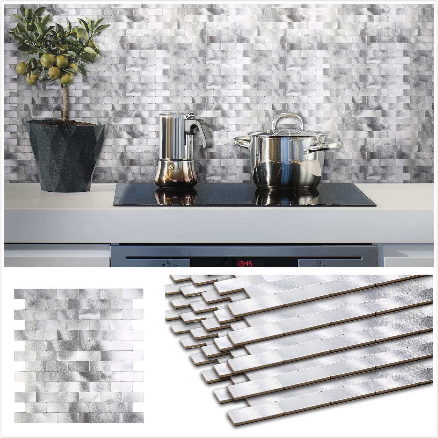 HomeyStyle Peel and Stick Tile Backsplash for Kitchen Wall Decor Meal Mosaic Tiles Sticker,Silver Subway Strip 12"x12" x 5 Tiles/5sq ft Kit