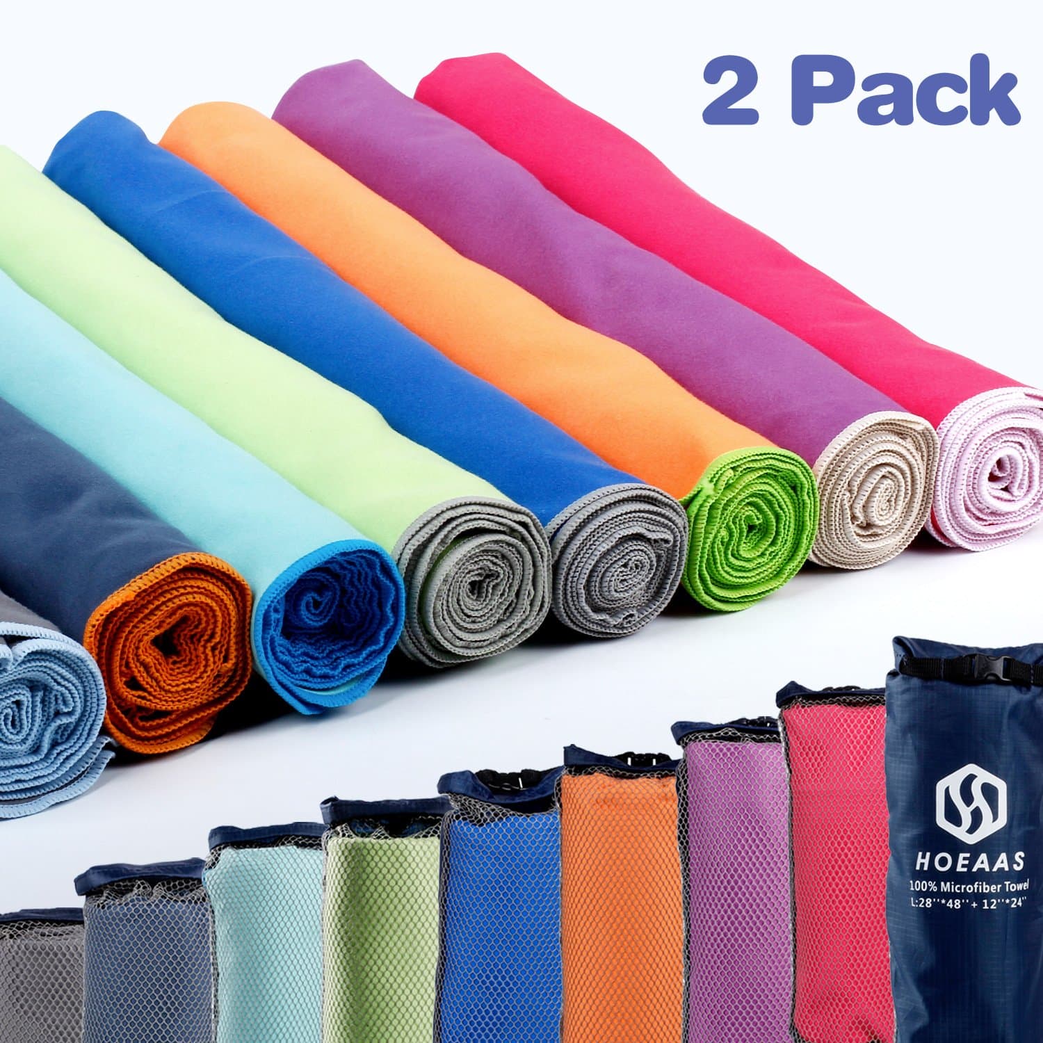 HOEAAS 2 Pack Microfiber Camping Towels, Quick Dry Towel, Super Absorbent Ultra Compact Travel Towel Soft Lightweight Sports Towel for Sweat Fast Drying Towels for Pool,Gym,Hiking,Backpacking,Fitness