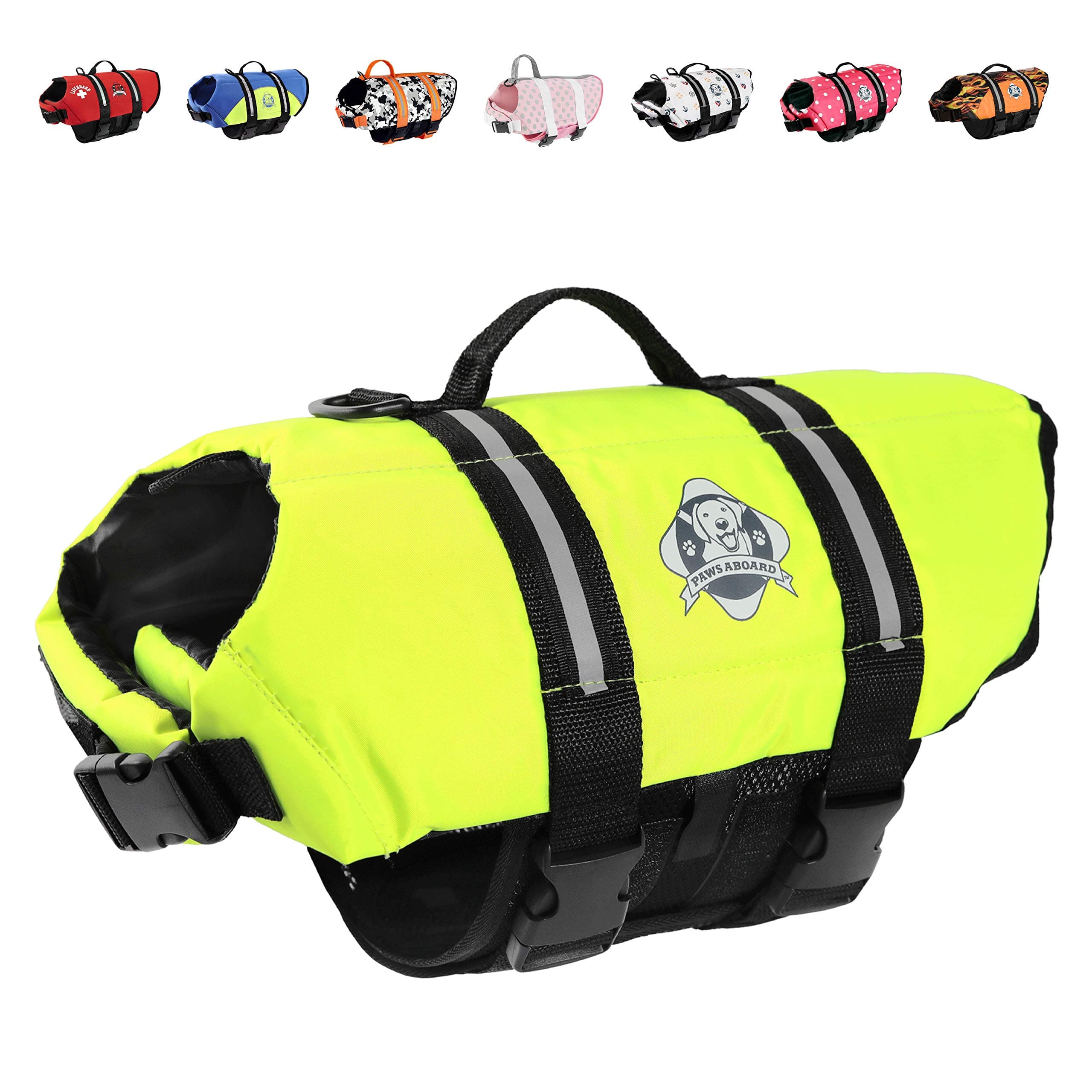 Paws Aboard Dog Life Jacket - Keep Your Canine Safe with a Nylon Life Vest - Designer Life Jackets - Perfect for Swimming and Boating - Neon Yellow, X-Large