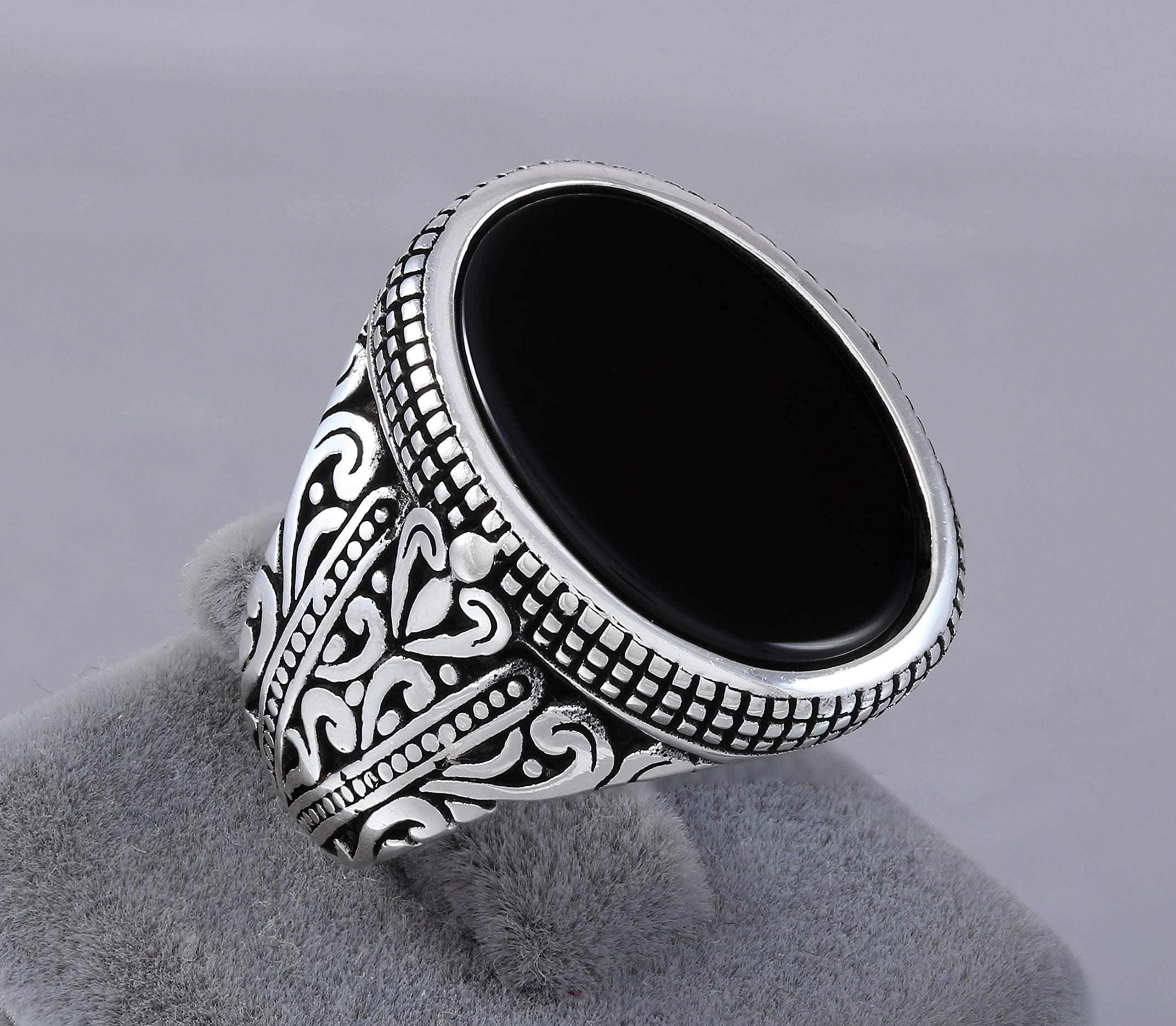 925 Sterling Silver Ring for Men with Oval Black Onyx Stone Turkish Handmade Mens Jewelry Male Rings Size 11
