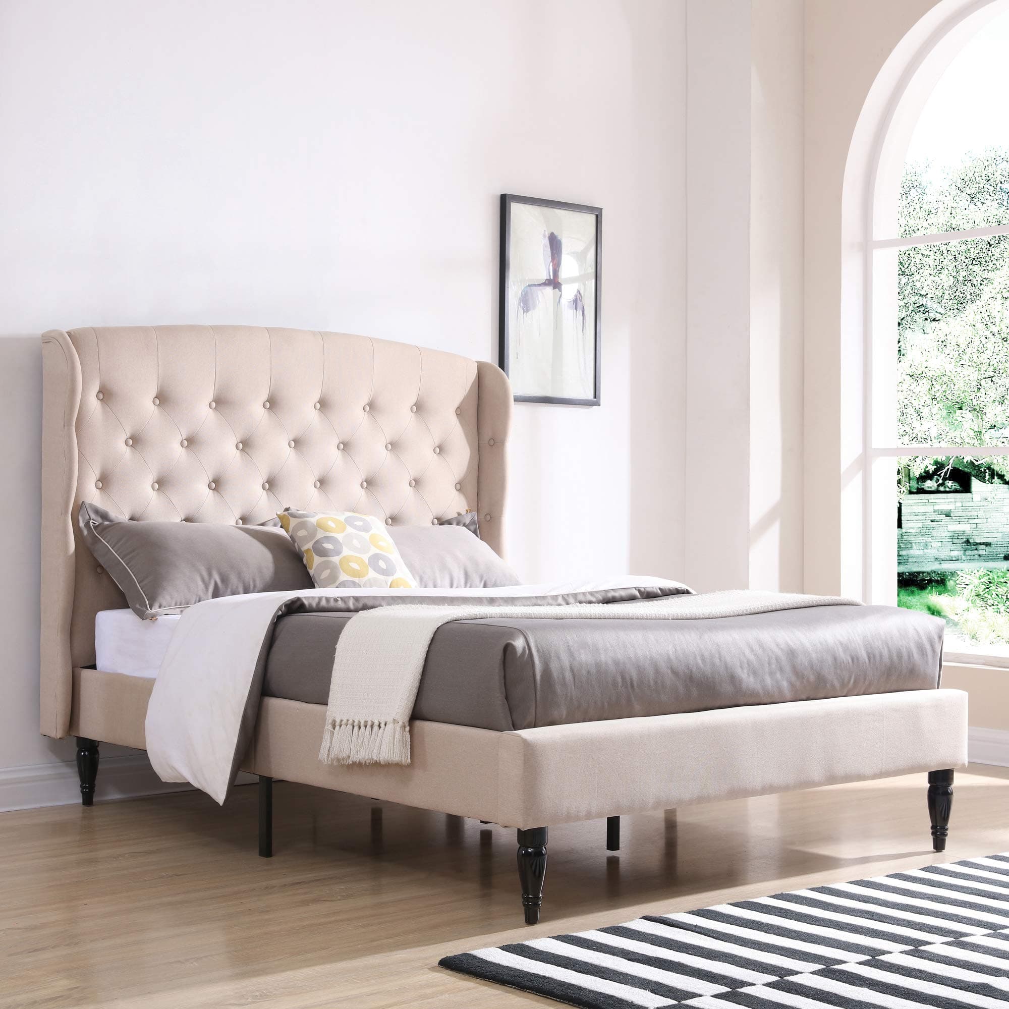 Classic Brands Brighton Upholstered Platform Bed | Headboard and Metal Frame with Wood Slat Support, Full, Linen