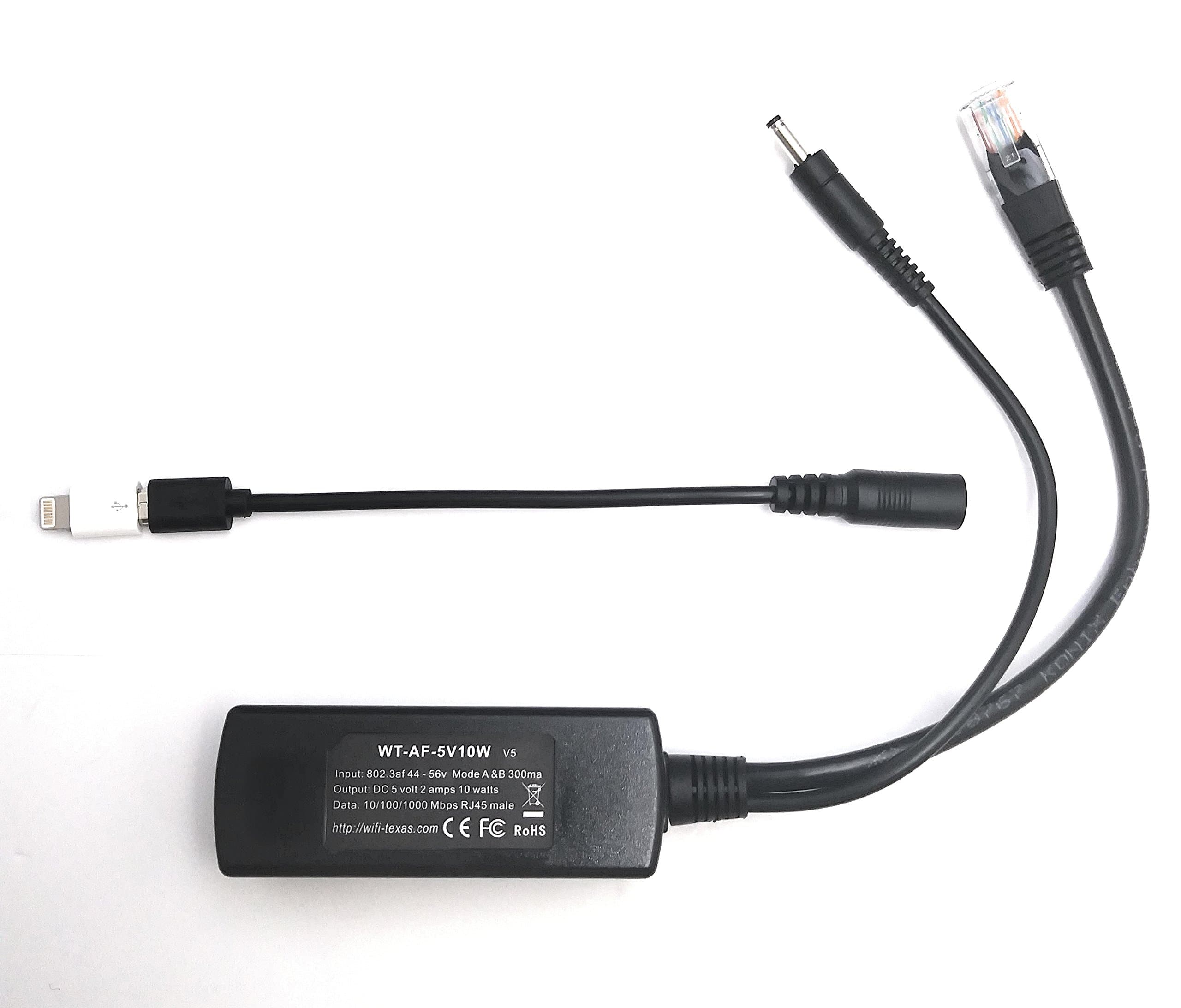 802.3af to MicroUSB Poe Splitter, Power over Ethernet for Tablets, Dropcam or Raspberry Pi, Use with PoE Switches, 5 Volts 10 Watts Output WT-AF-5v10w straight MicroUSB