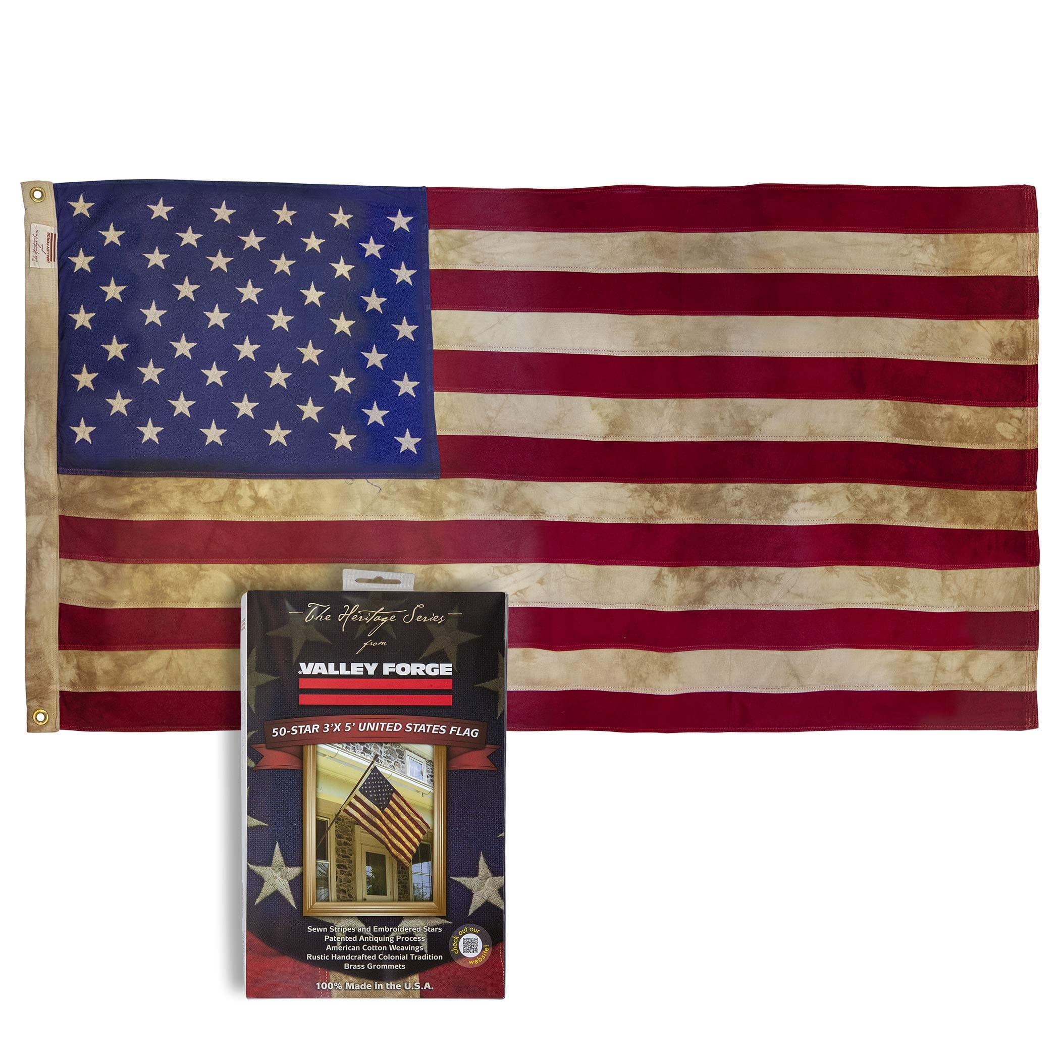 Valley Forge, American Flag, Cotton, 3' x 5', 100% Made in USA, Heritage Series, Antiqued Colonial 50-Star US American Flag