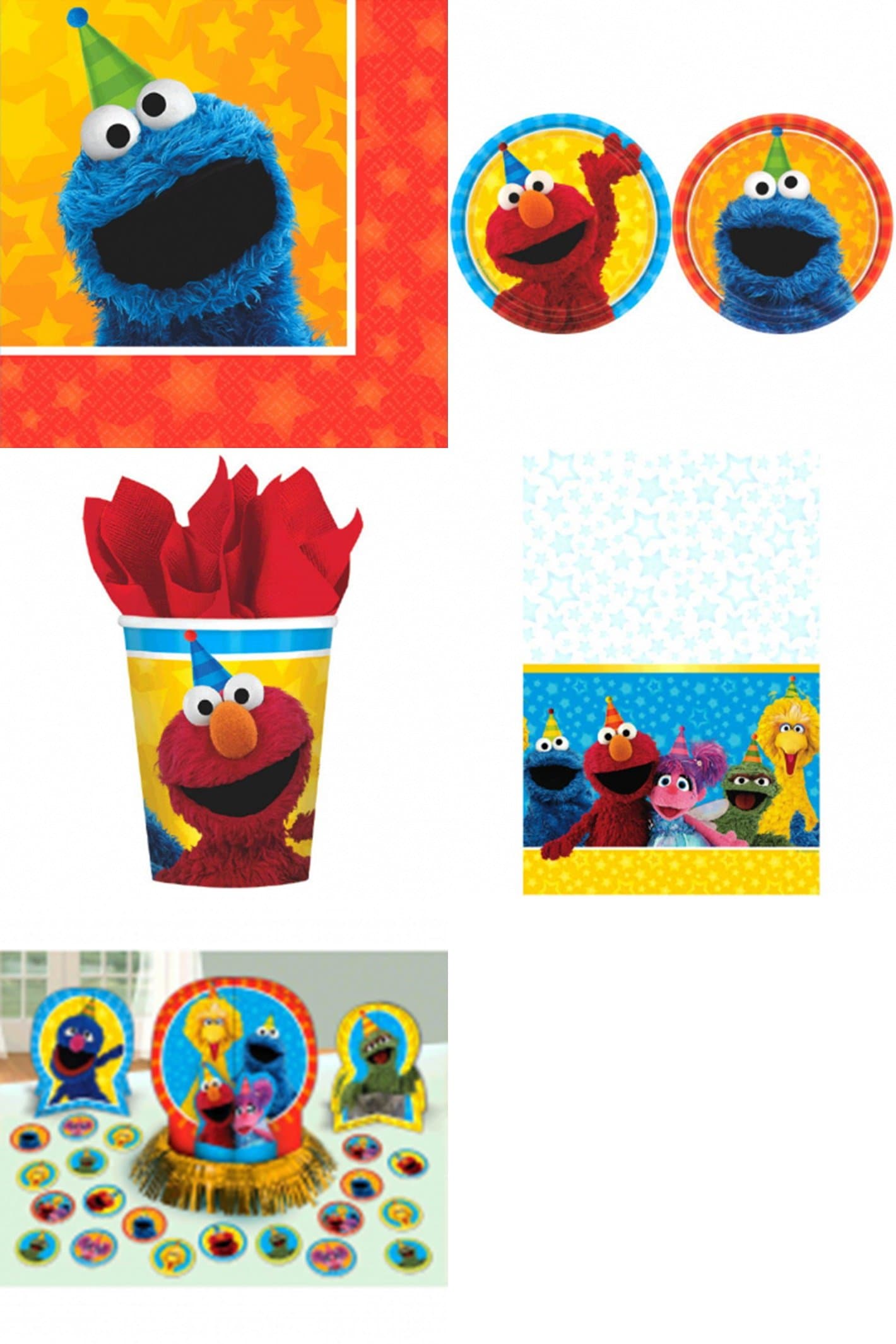 Sesame Street Party Pack for 8 by Amscan Includes Desert Plates, Beverage Napkins, Cups, Table Cover and Table Decorations