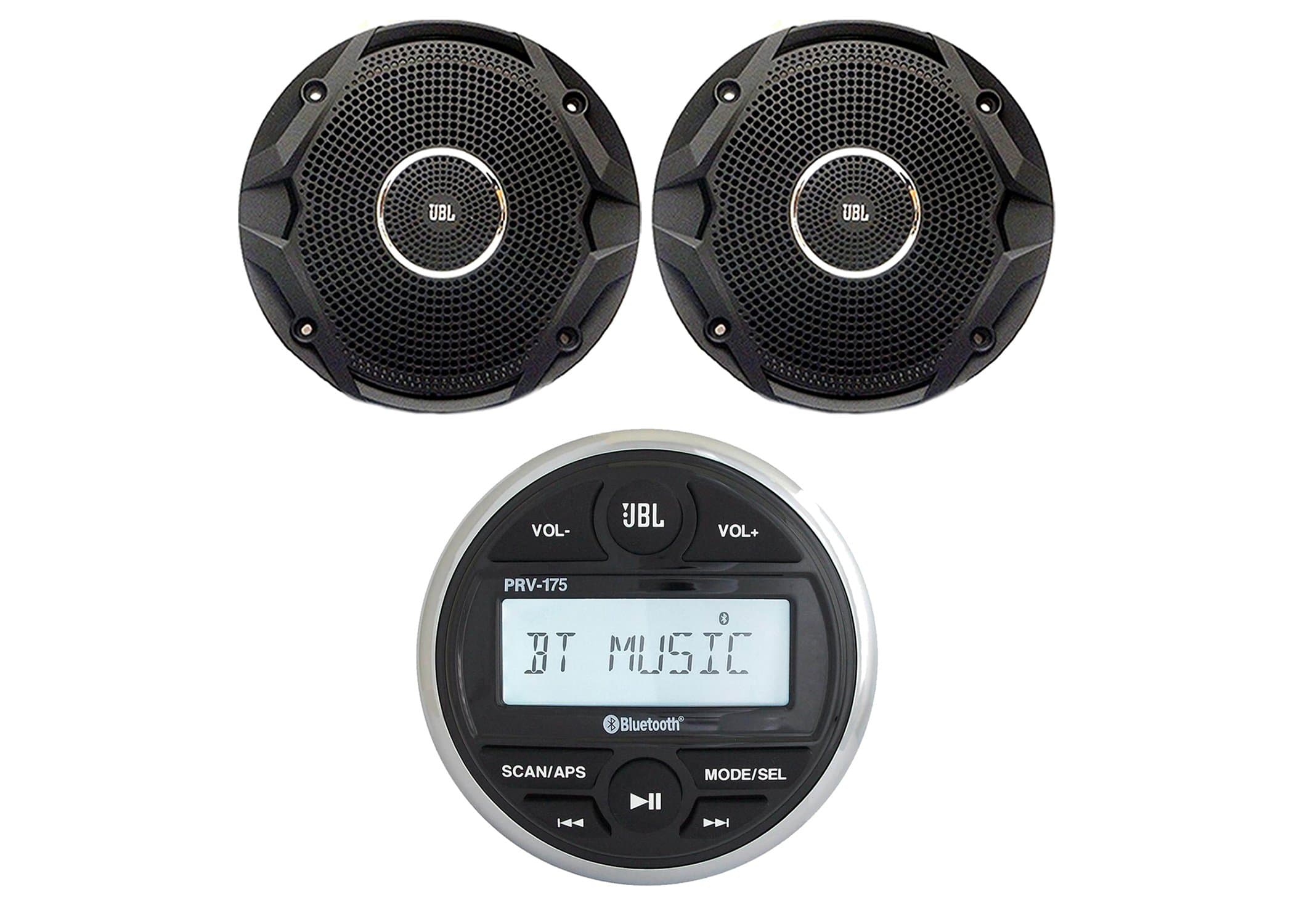 Gauge Style Marine Digital Media Bluetooth Receiver Bundle Combo with 1 Pair (QTY 2) of 6.5 Dual Cone Black Stereo Boat Yacht Speakers