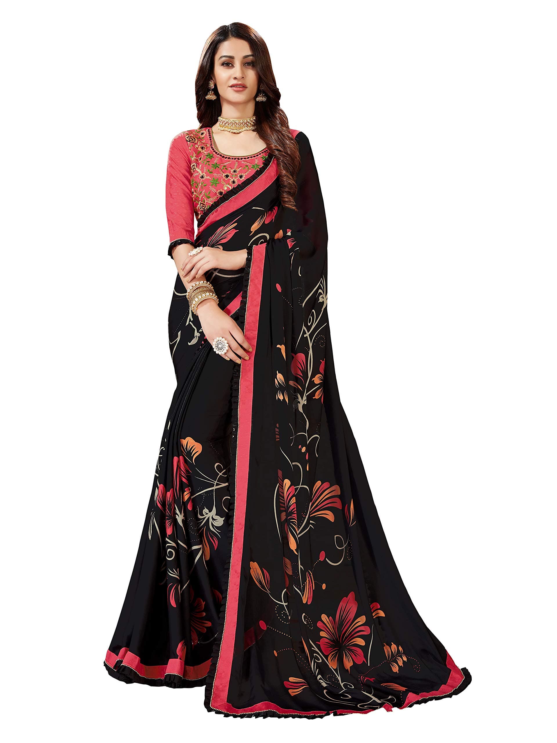 Sutram Printed Black Georgette Saree with Blouse Piece