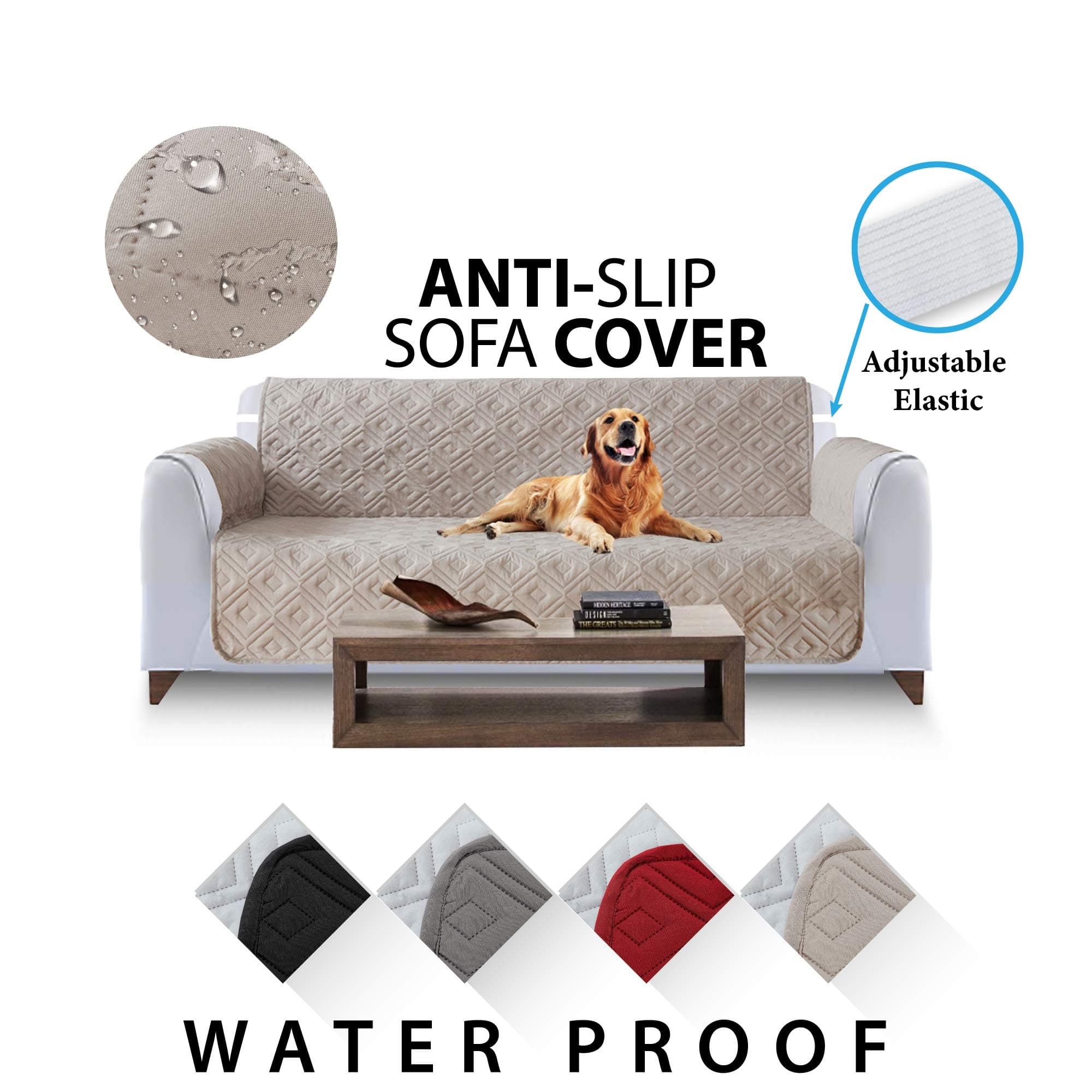 Hafaa Sofa Slipcover 3 Seater Microfiber Quilted, Couch Protector Water Repellent Fabric Anti-Slip with Elastic Straps (Beige, 3 Seater)