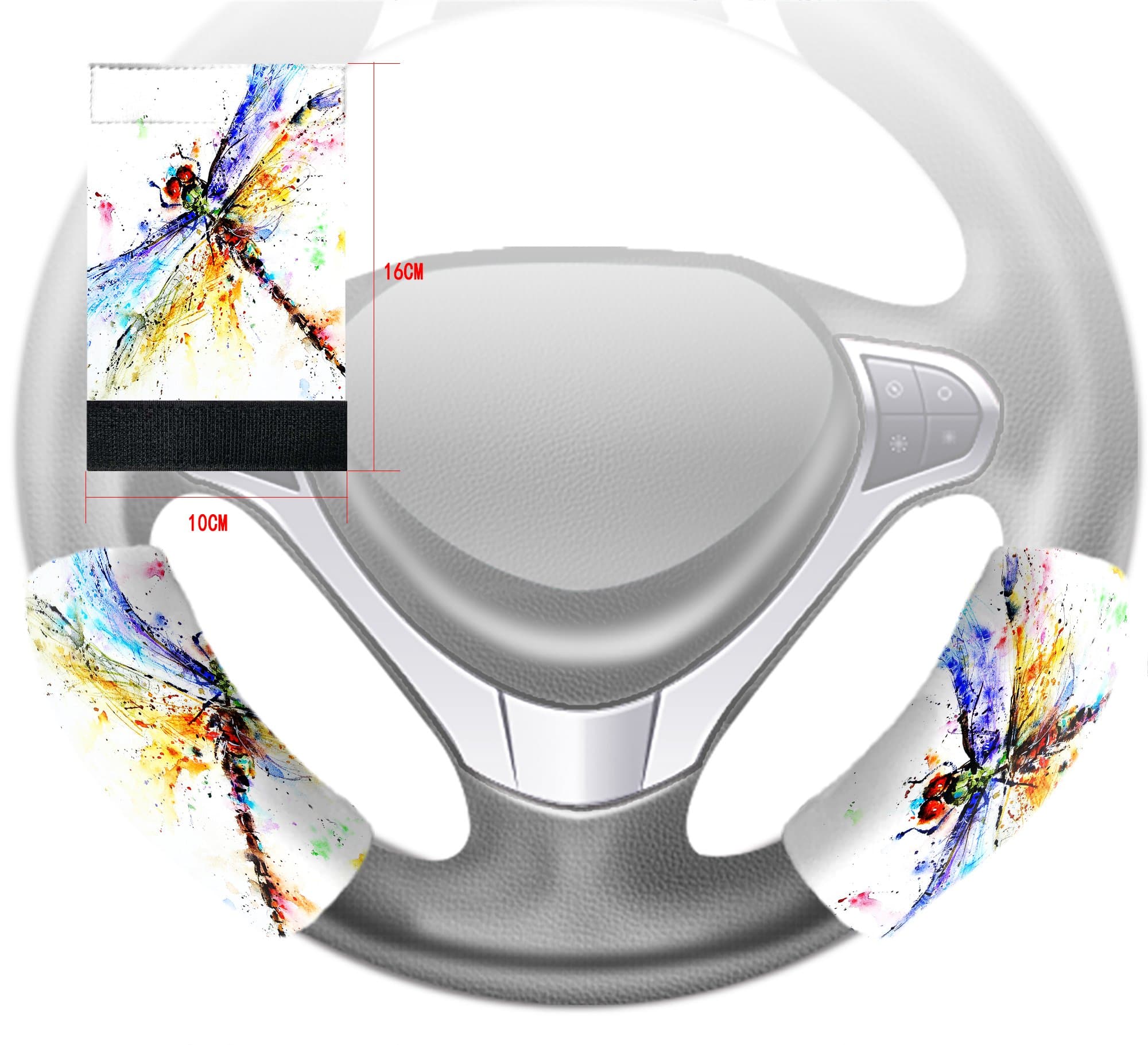 RRRcar Custom Colorful Dragonfly Art Steering Wheel Cover Hook and Loop Covers for Car Size 10x16cm 2 PCS