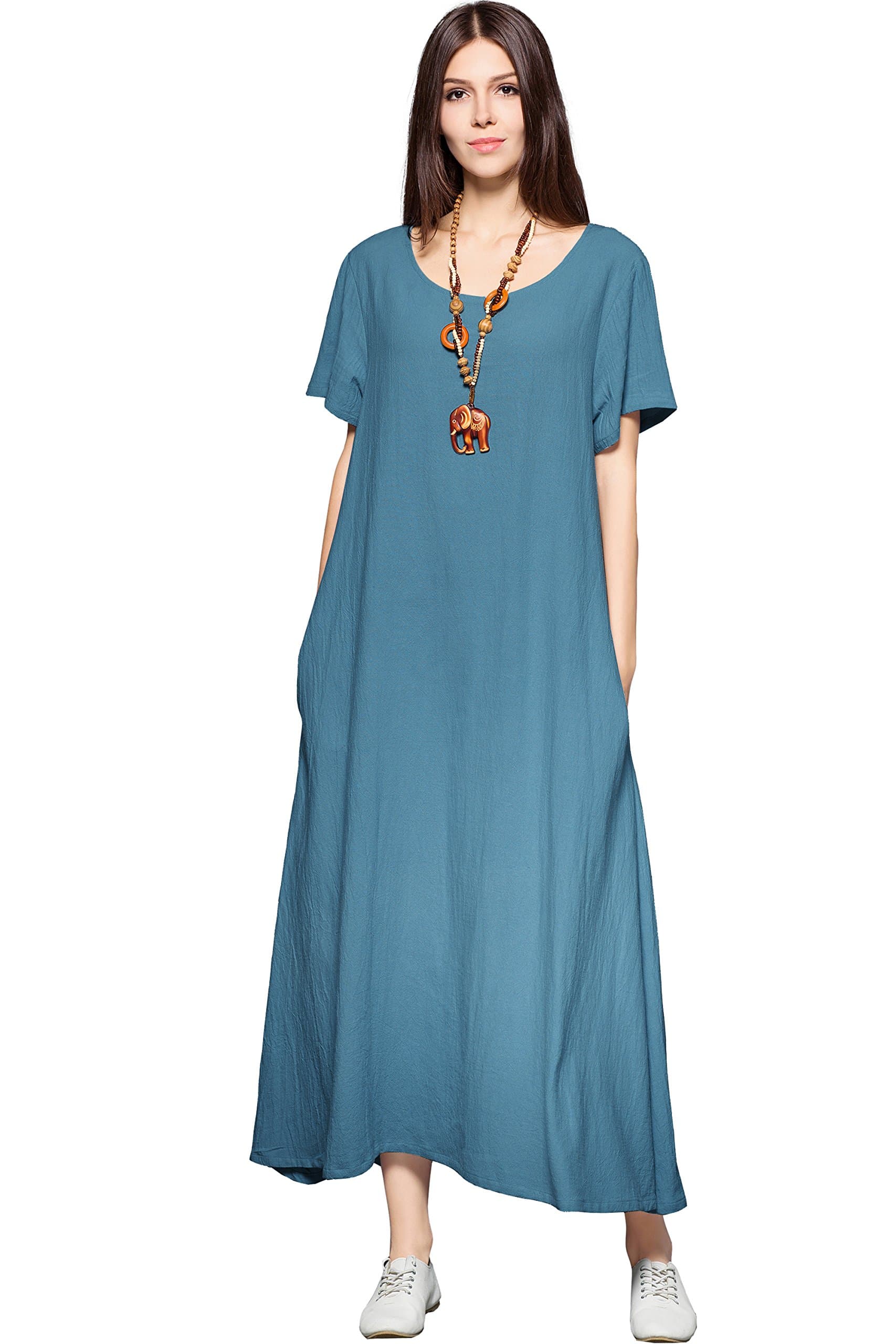 Side Pockets Spring Summer Linen Cotton Soft Loose Dress Plus Size Clothing F131A