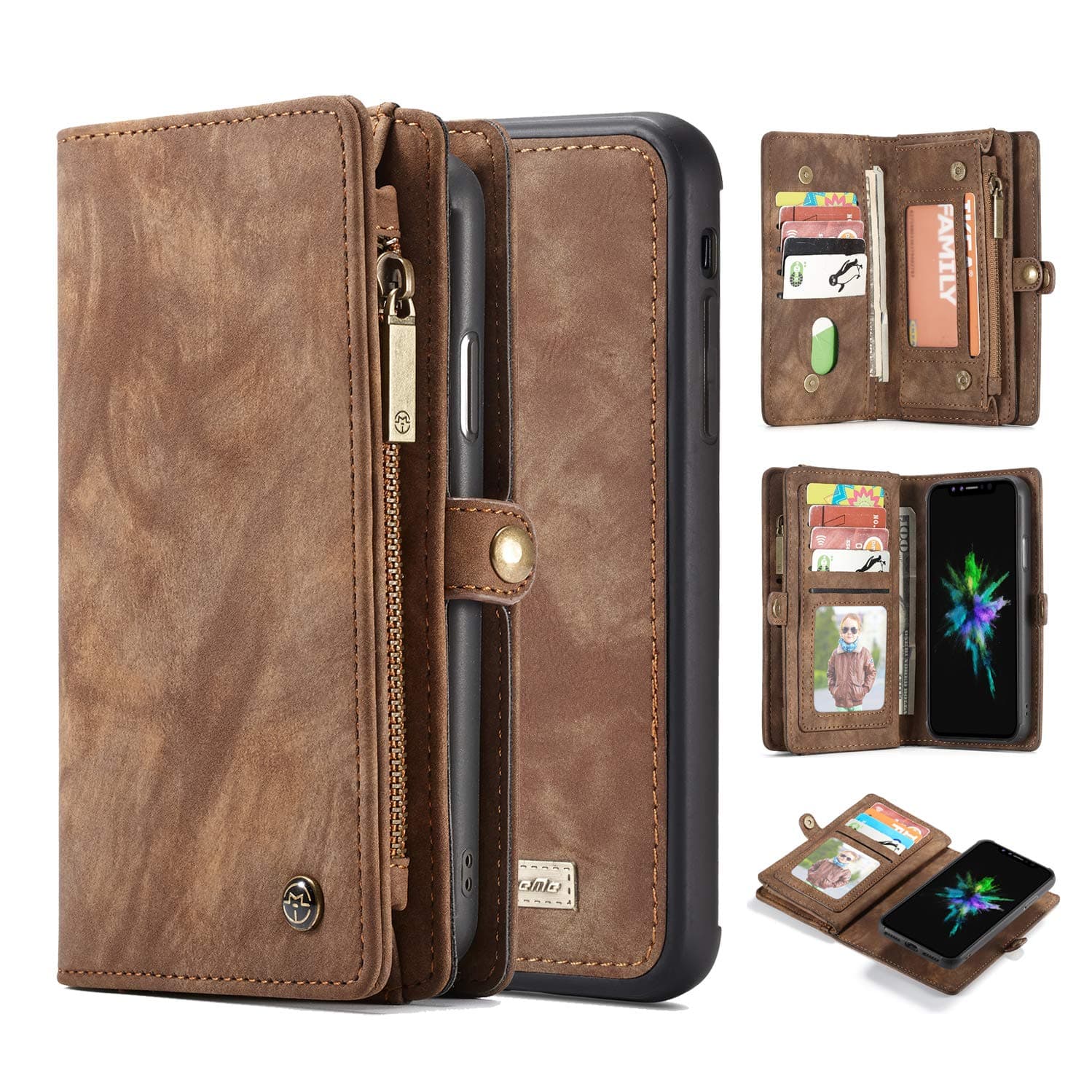 iPhone Xs Max Case Wallet Case,AKHVRS Handmade Premium Cowhide Leather Wallet Case,Zipper Wallet Case Detachable Magnetic Case & 11 Card Slots [Magnetic Closure] for 6.5 Inch iPhone Case Brown