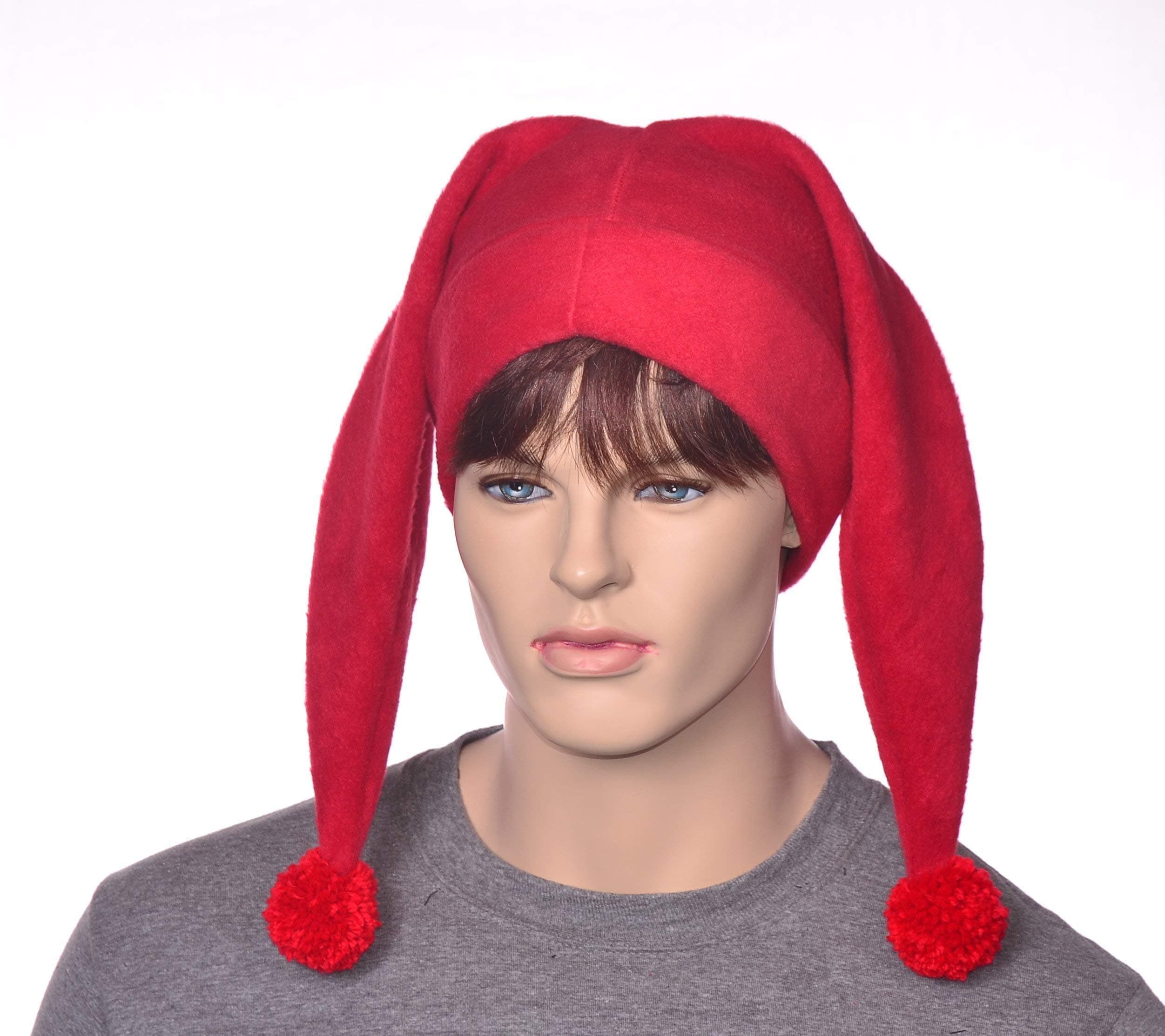 Red Two Pointed Harlequin Style Jester Cap Fleece Pompoms