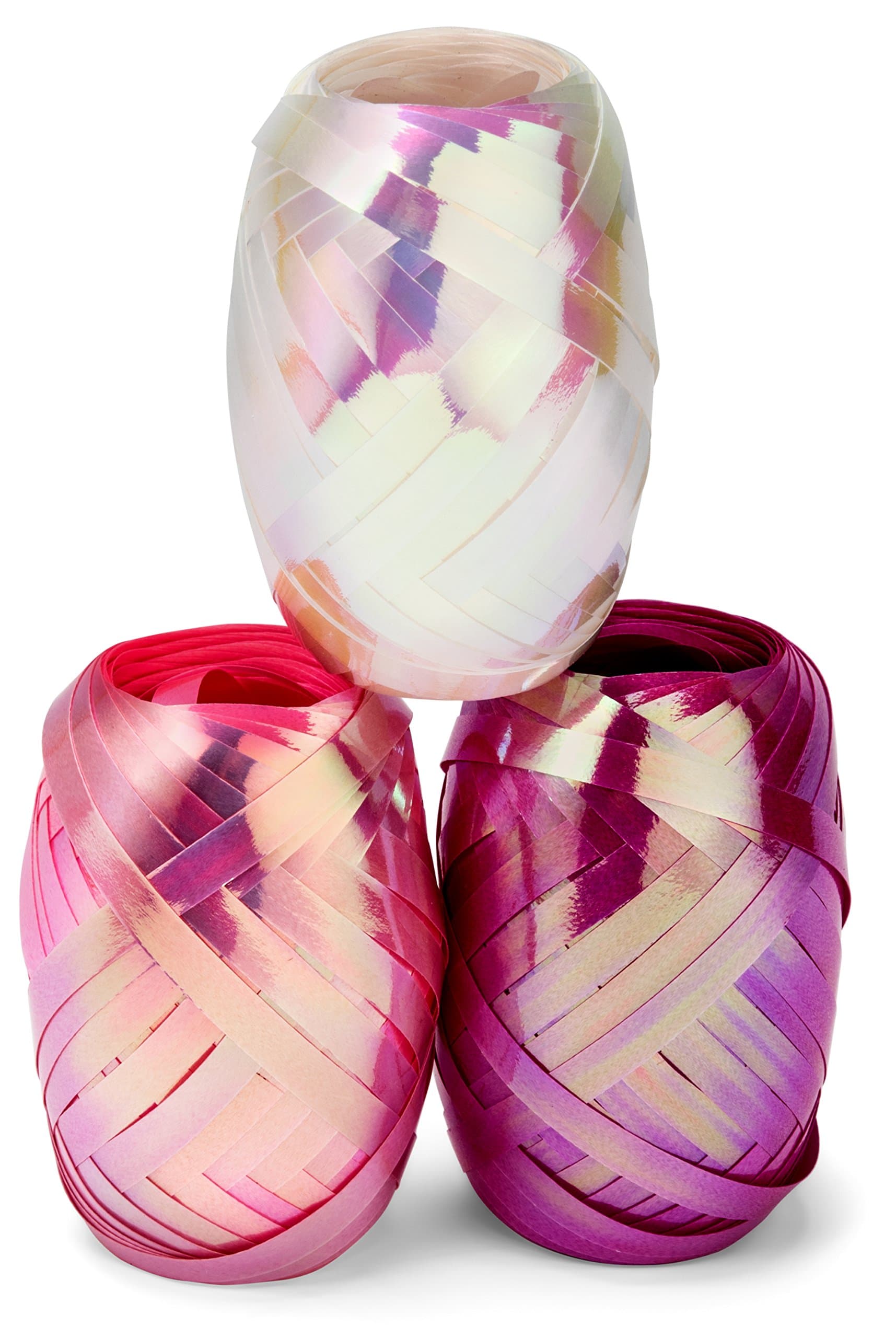 Curling Ribbon Three Assorted Colors: 3/16 Inch x 22 Yard - 60 Meters - Extra Long Iridescent Pearl, Baby Pink, Fuchsia Ribbon Egg 3 Pack in Storage Organizer for Decorative Gift Wrapping & Balloons