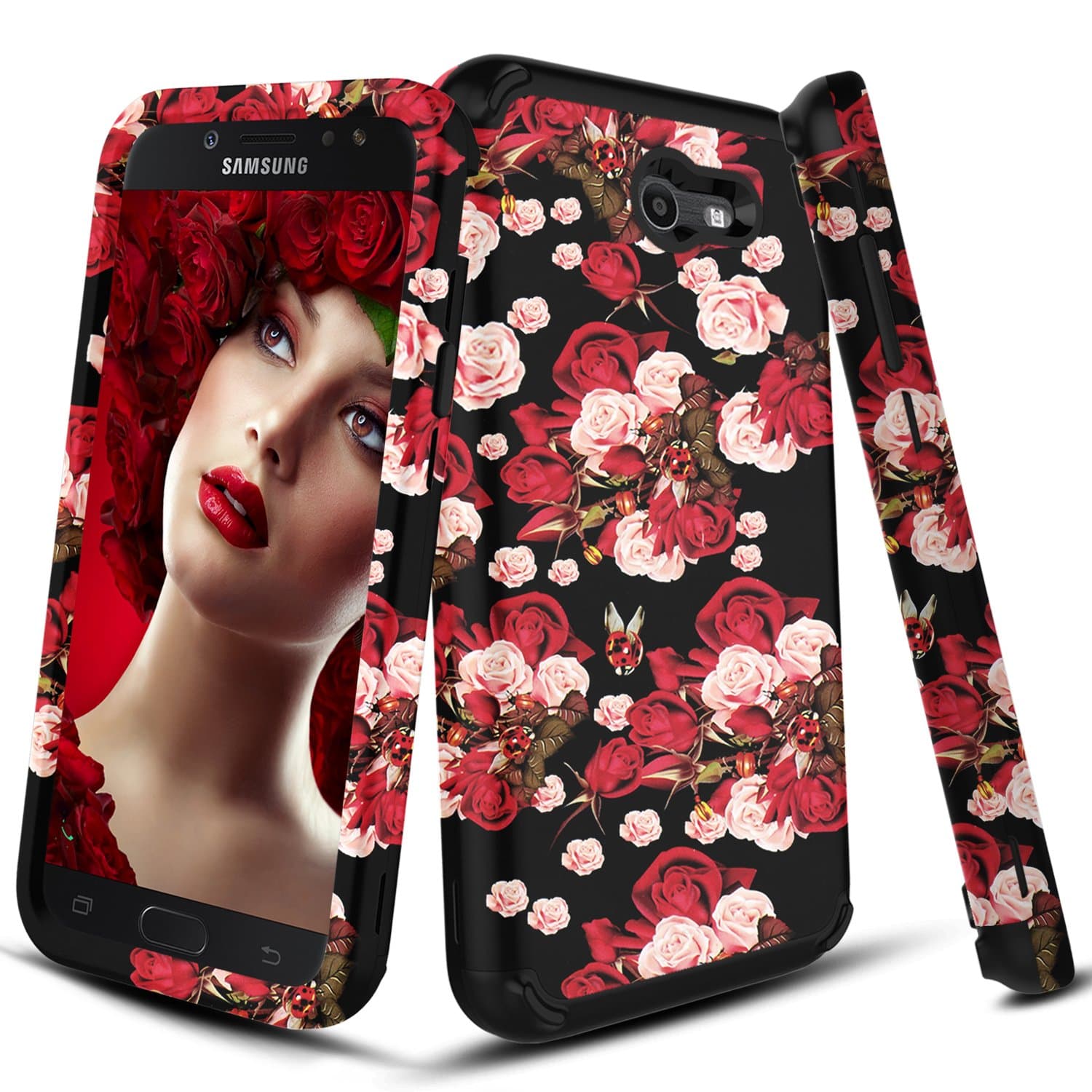 DONWELL Galaxy J7 2017 Hybrid Thin Slim Three Layer Shockproof Protective Armor Phone Case Cover for Samsung Galaxy J7 Sky Pro / J7 Perx/SM-J727V / SM-J727P / SM-J730F (Flower Pattern)