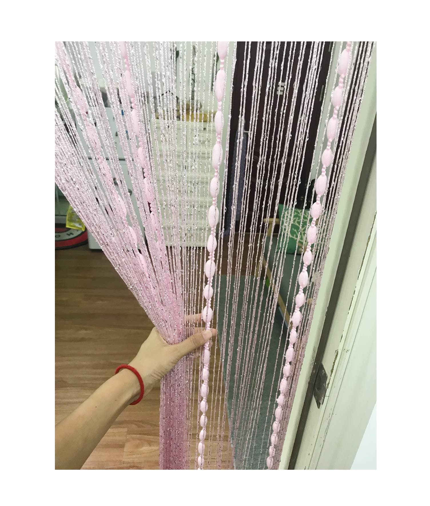 Eyotool Door String Curtain Flat Silver Ribbon Thread with Shaggy Tassel Room Divider, 39’’x79’’ (Pink)