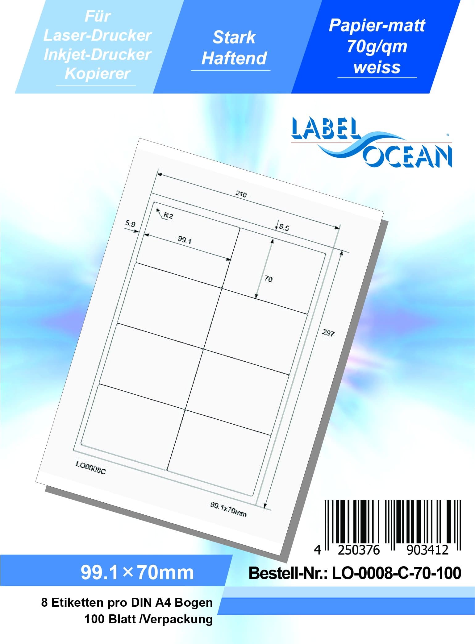 LabelOcean 0008/C/70/100 Universal Labels 100 Sheets 70 g/m² High-Quality Paper