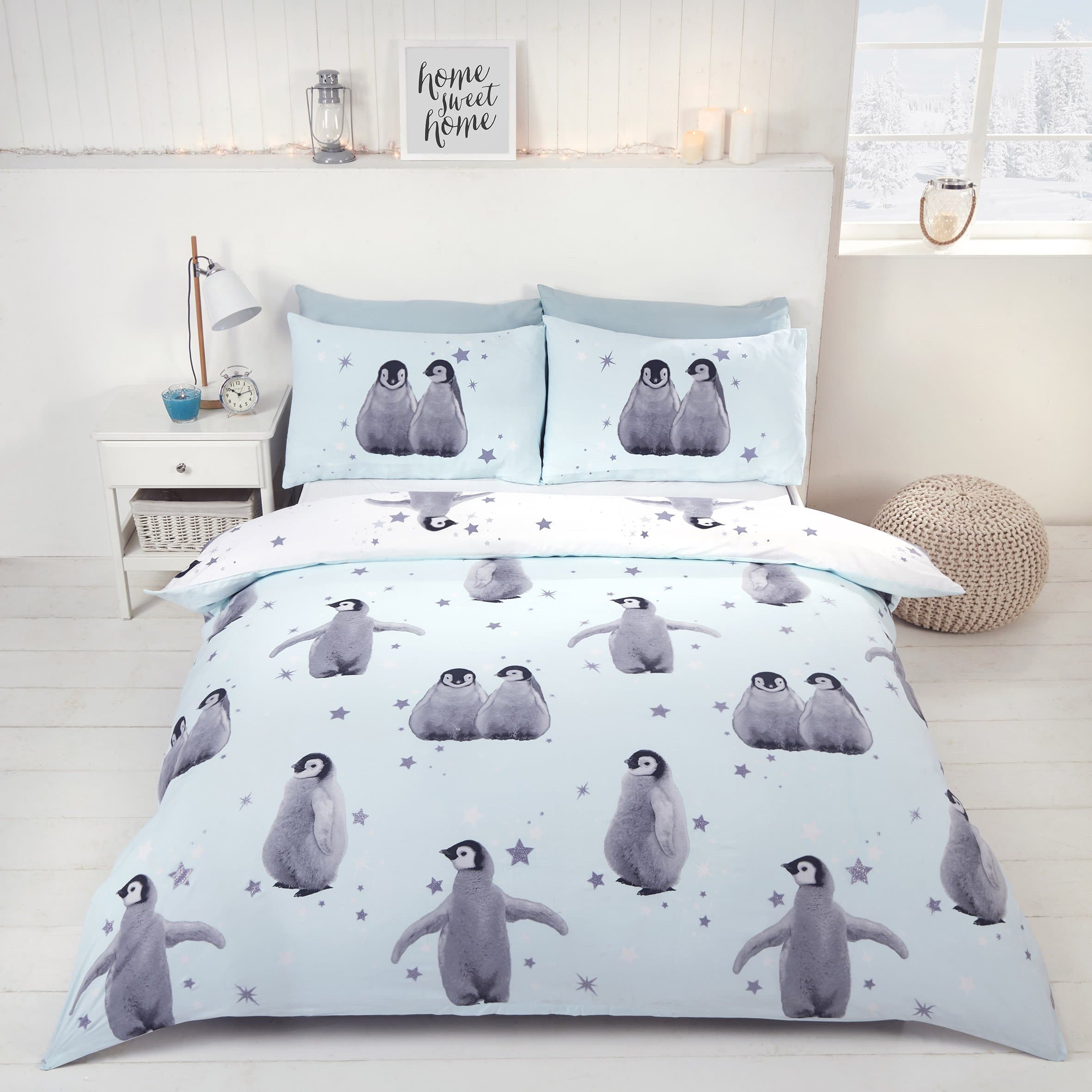 Rapport Starry Penguins 2 Piece UK Single/US Twin Sheet Set, 1 x Double Sided Sheet and 1 x Pillowcase- Ice Blue