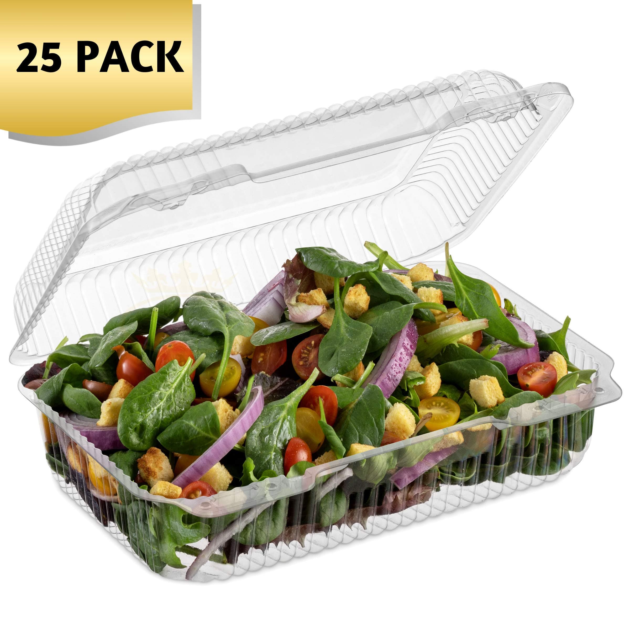 [25 PACK] OccasionWise Clear Plastic Food Container with Hinged Lid (approx 8.25"x5.125"x3.125")