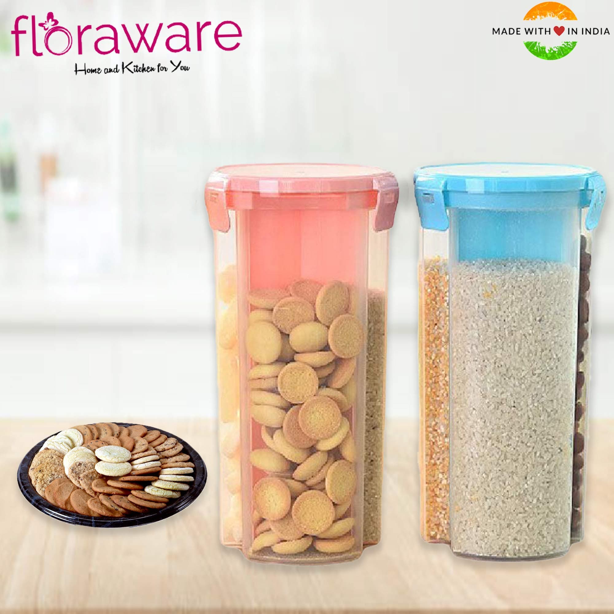 Floraware Plastic Storage Container for Kitchen 3 Sections Air Tight Transparent Food, Grain, Cereal Dispenser Storage Container Jar, Storage containers, Masala Boxes, Pack of 2, Multicolour