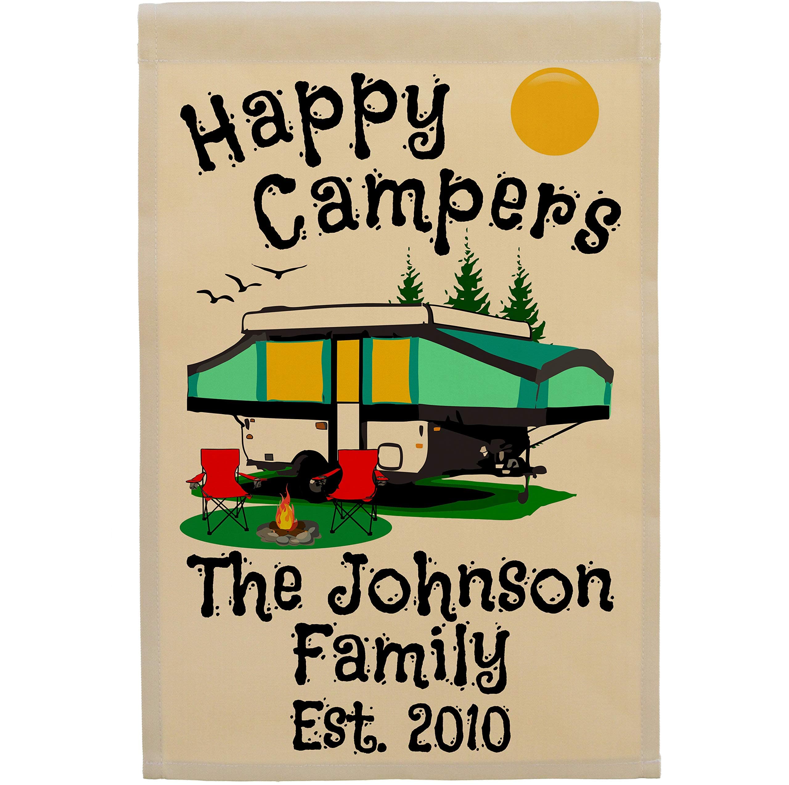 Personalized Camping Flag, Features a Green Pop-Up Tent Trailer with 3 Additional Lines of Your Custom Text, Printed on Tan Fabric