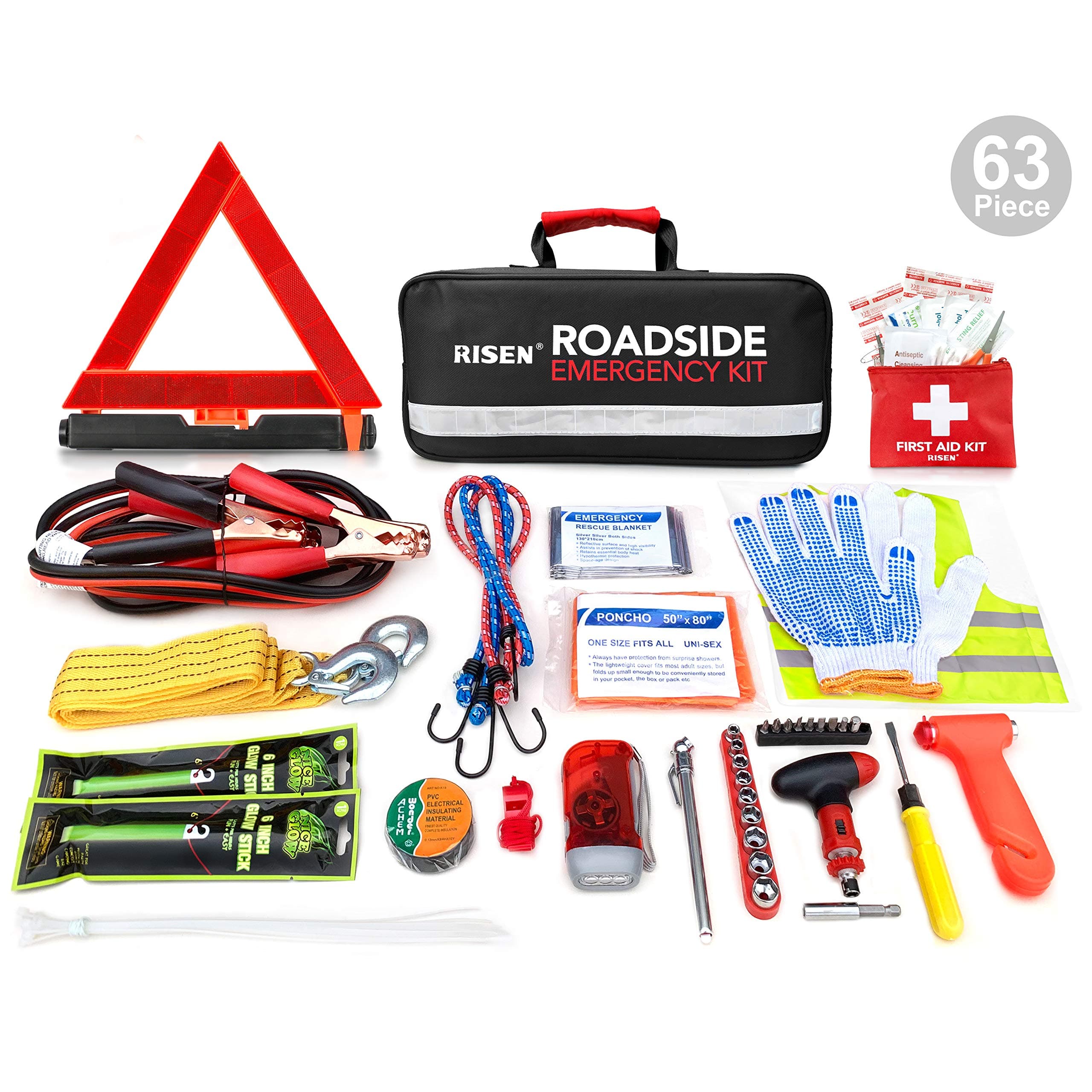 RISEN Premium Roadside Assistance Car Emergency Kit + Bonus First Aid Kit - Auto Safety Kit Contains Jumper Cables, Warning Triangle, Tow Rope, Screw Kit (63 Pcs/Pack)