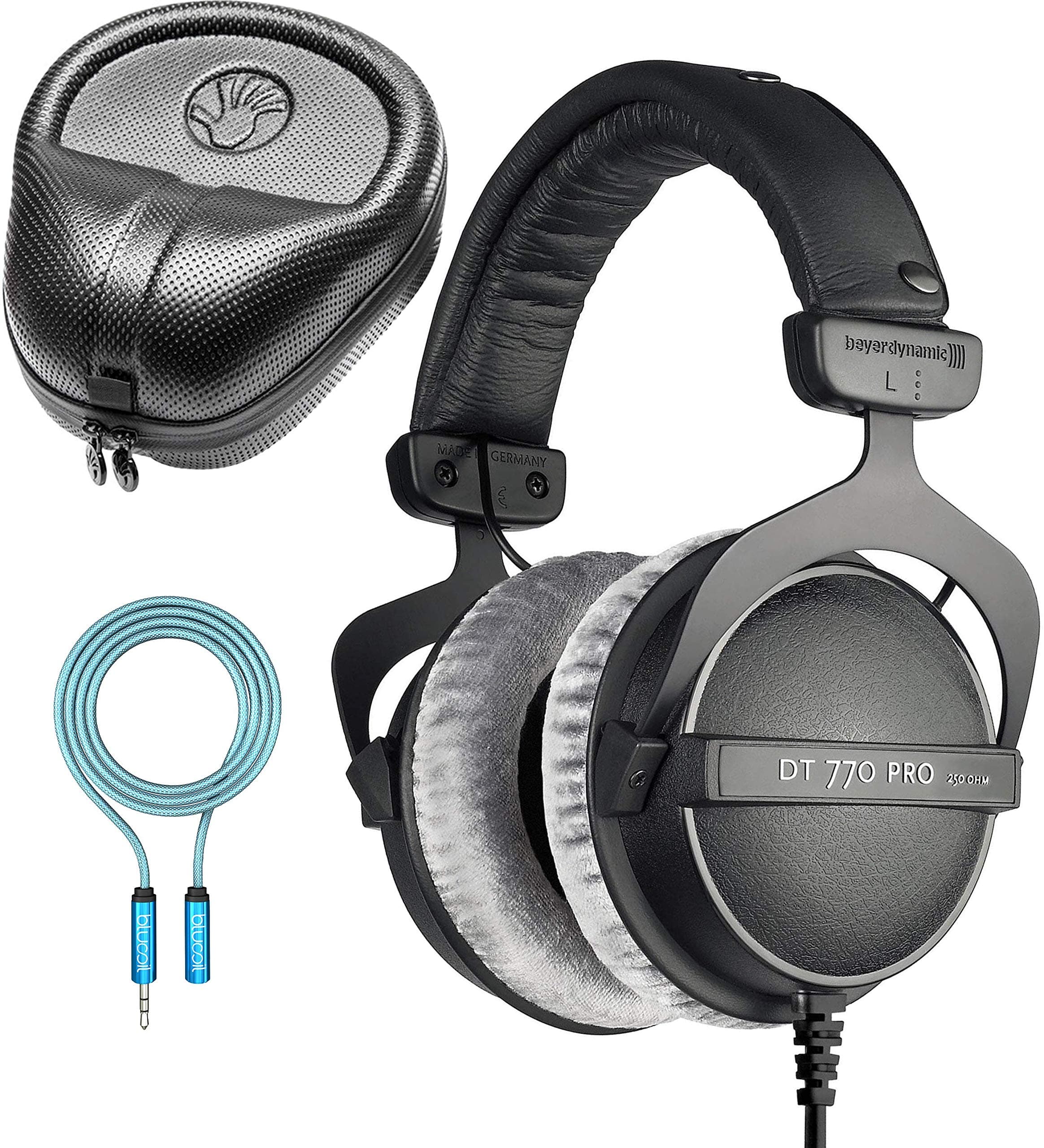 Beyerdynamic DT 770 PRO 250 Ohm Closed Back Headphones for Studio Mixing and Music Recording Bundle with Full-Sized HardBody Pro Headphone Case, and Blucoil 6-FT Headphone Extension Cable (3.5mm)