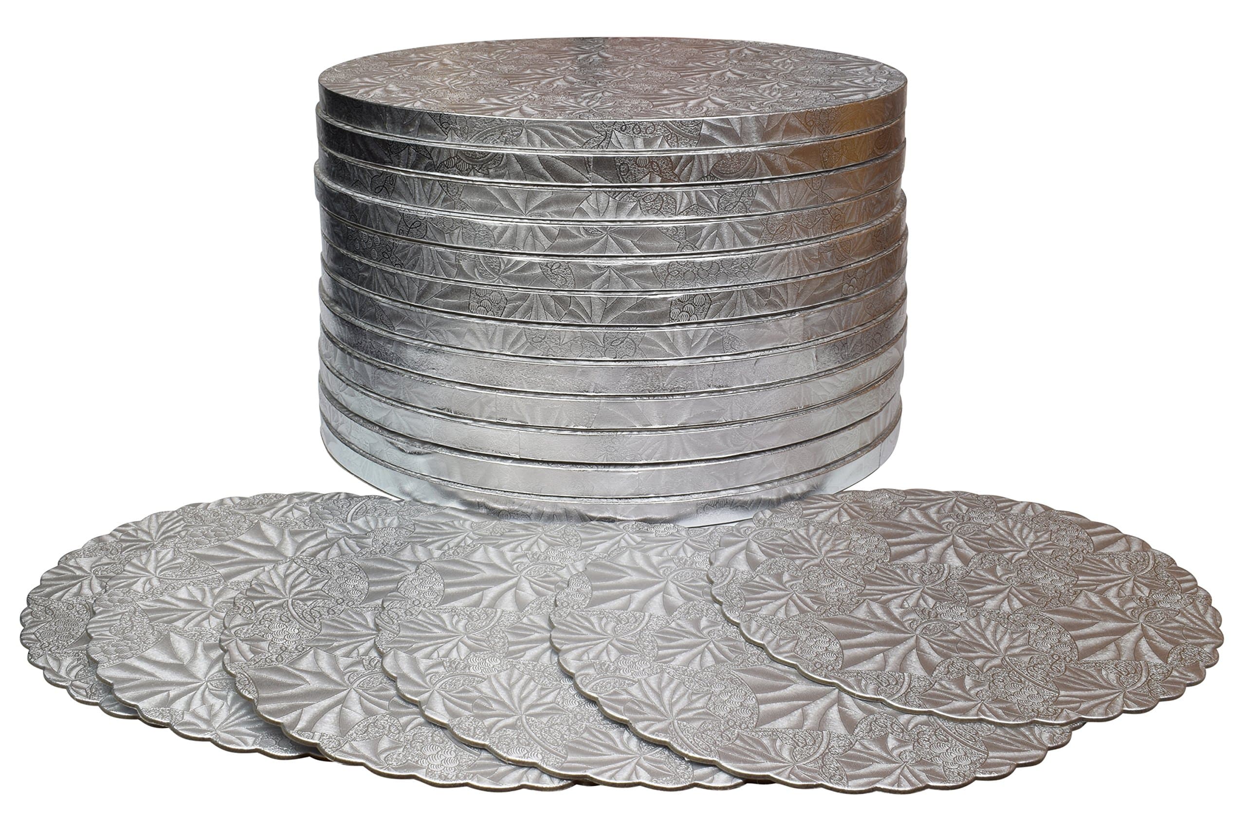 TROLIR 10 Inch Round Cake Drums, 12 Pack, Smooth Edge, Sturdy and Greaseproof Boards of 1/2 Inch Thick Corrugated Paper, Coated with Embossed Foil of Silver Grape Leaf, Bonus - 6 Scalloped-Edge Pads