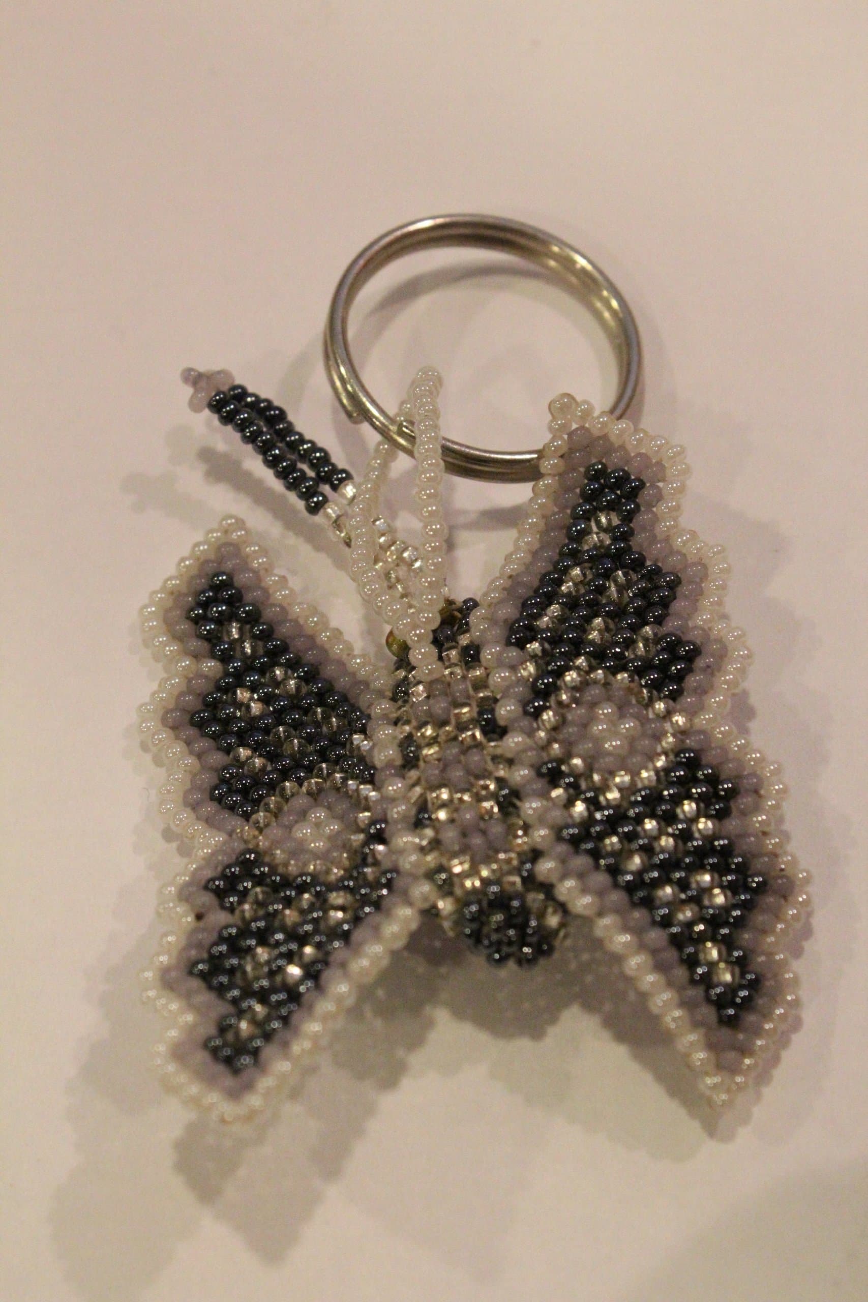 Guatemalan Handmade Beaded Butterfly Keychain -White/ Blue/ Silver