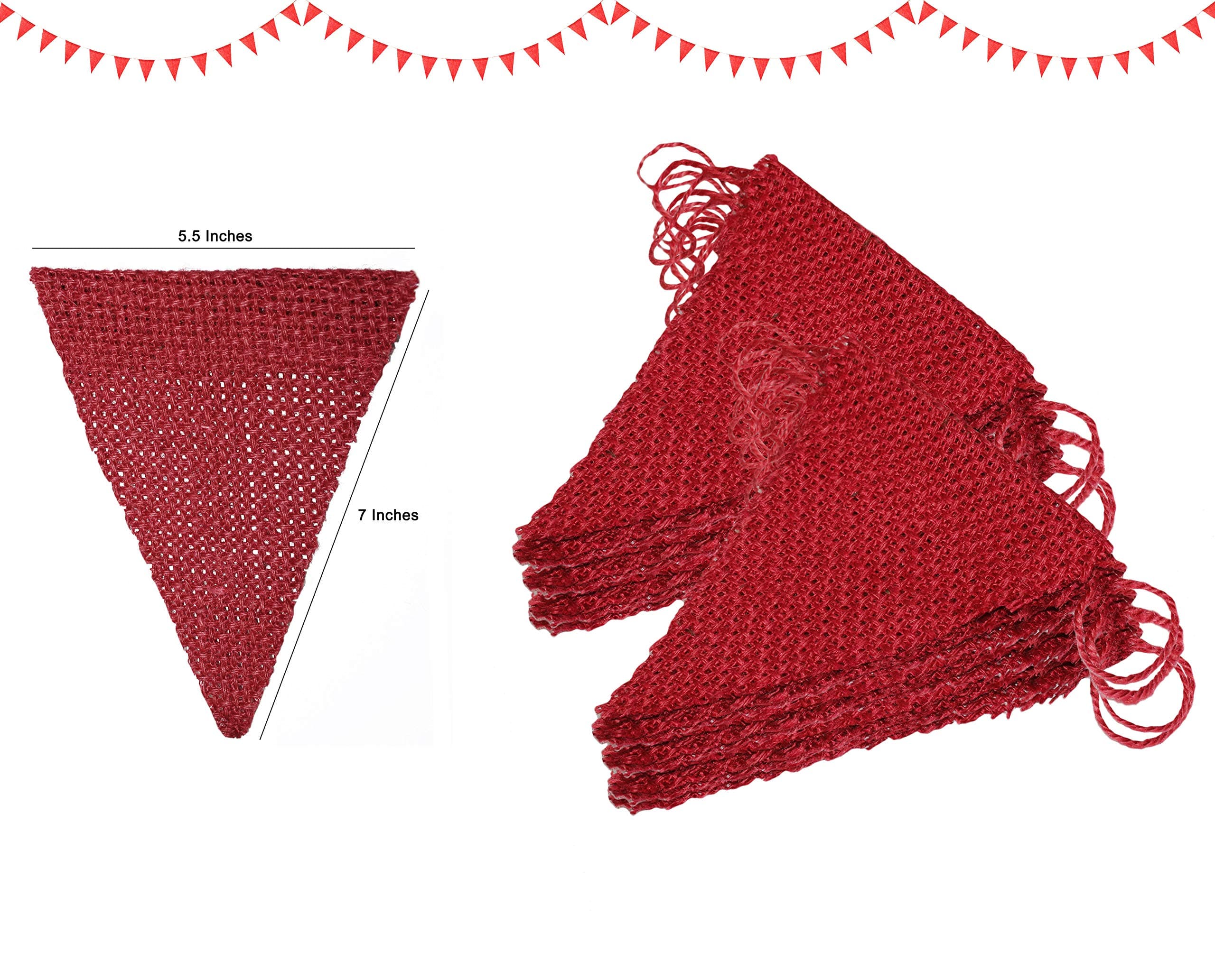 Cotton Craft - 2 Pack - 30 Pieces- Jute Red Burlap Triangle Banner Garland -Each with 15 Flags- DIY Decoration for Holidays, Wedding, Camping, Kids Party, and Happy Birthdays