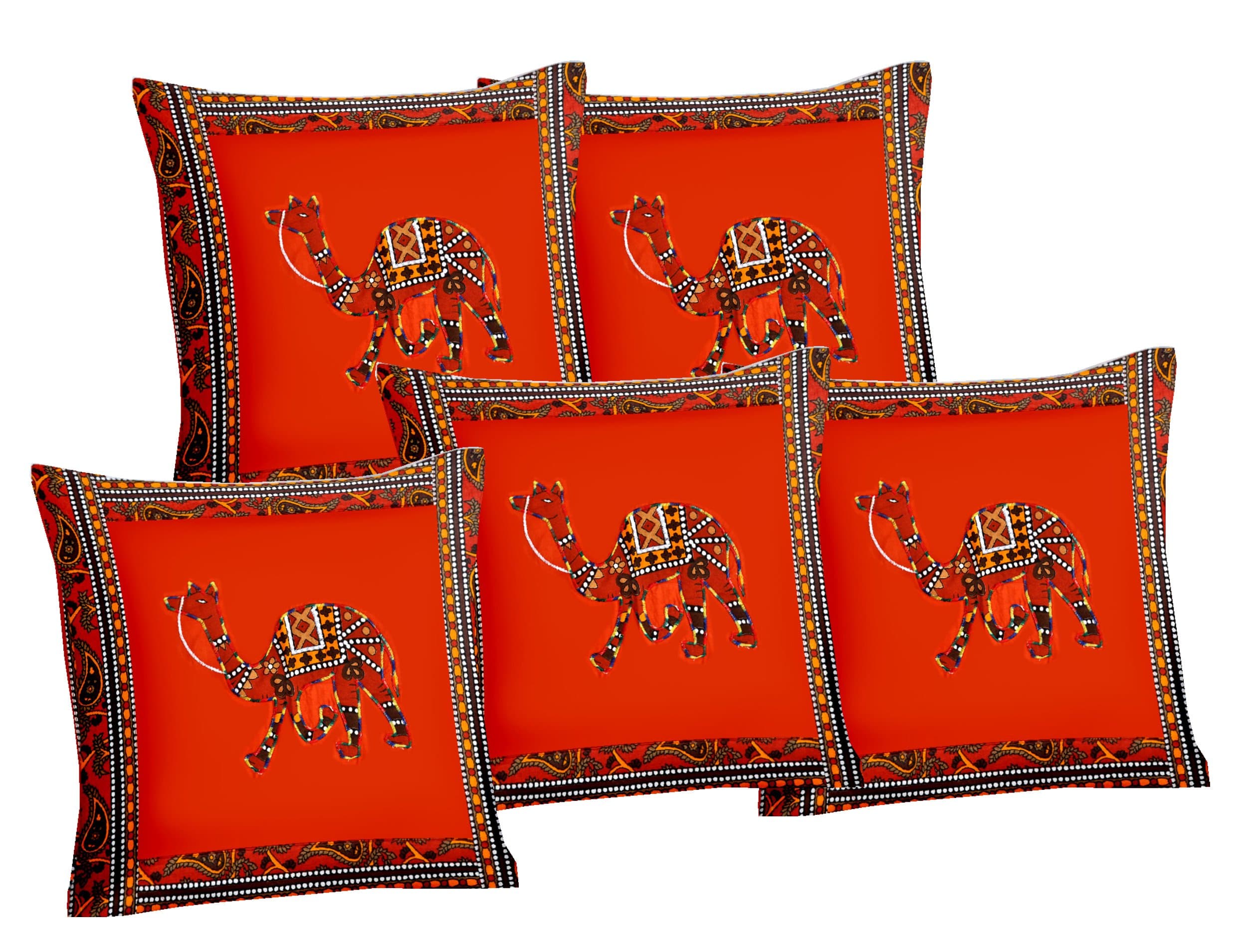 Lali prints Patch Work Camel Designer Print Cotton Cushion Cover (16 X 16 Inches, Dark Orange) -Set of 5