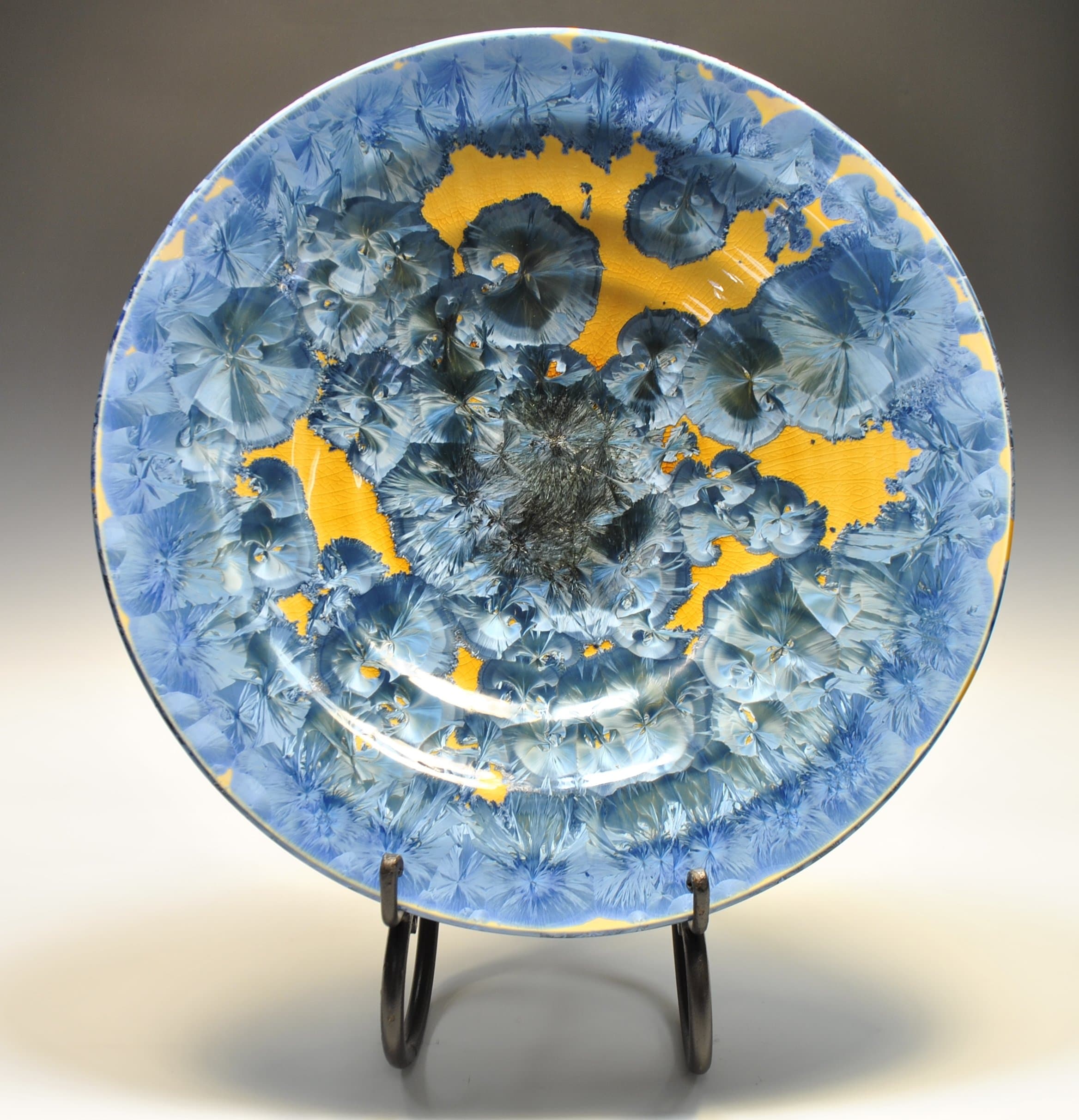 Blue and Yellow Crystalline Pottery Vortex Bowl
