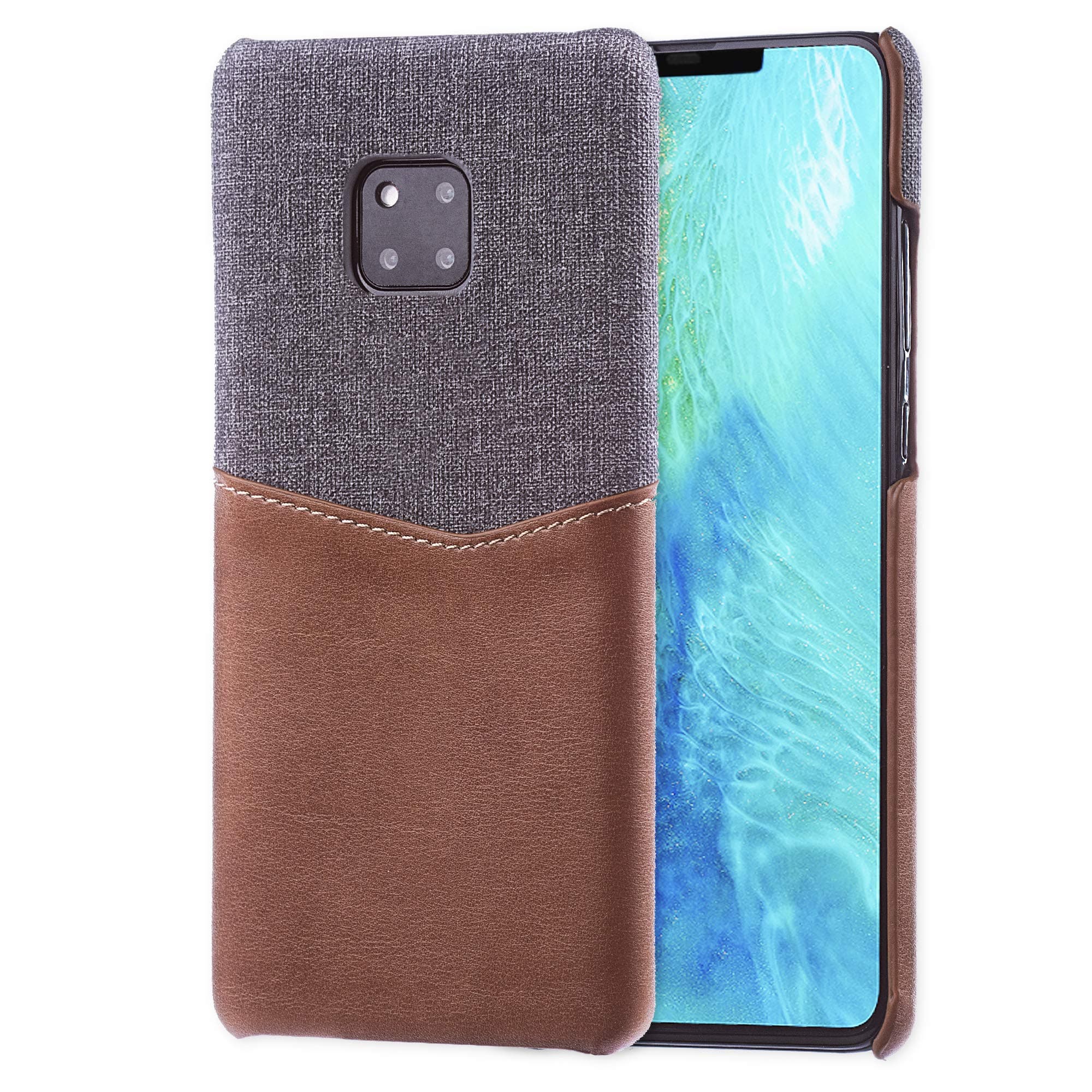 Lilware Card Wallet Plastic Phone Case Compatible with Huawei Mate 20 Pro. Fabric Texture and PU Leather Protective Cover with ID/Credit Card Slot Holder. Brown