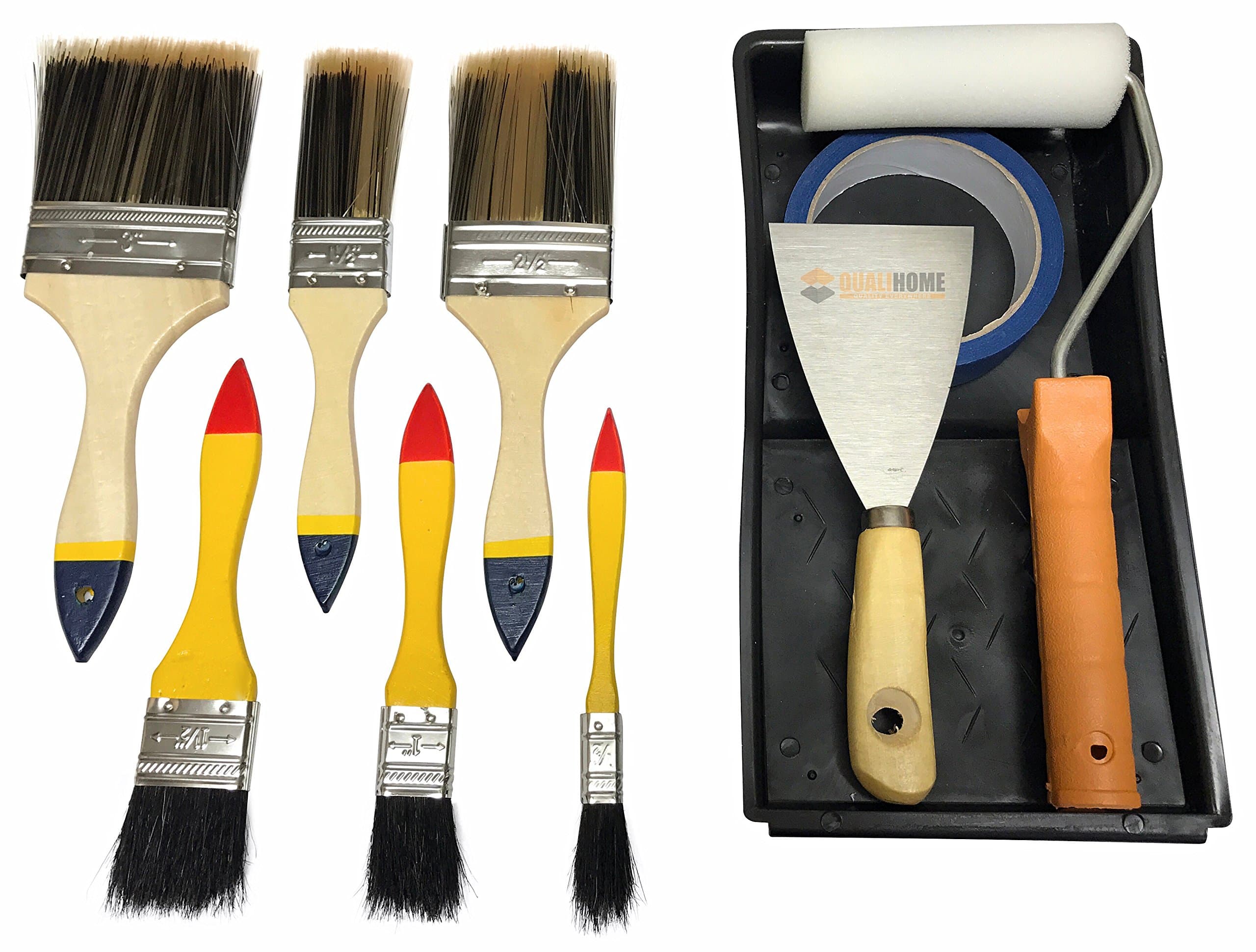 10-Piece Paint Touch Up Kit- Plastic Palette Tray/ (6) House Detail Painting Brush Set/Foam Roller/Metal Spatula/Blue Painters Tape- Home Improvement Tools Supplies- Best Equipment for Trim Work
